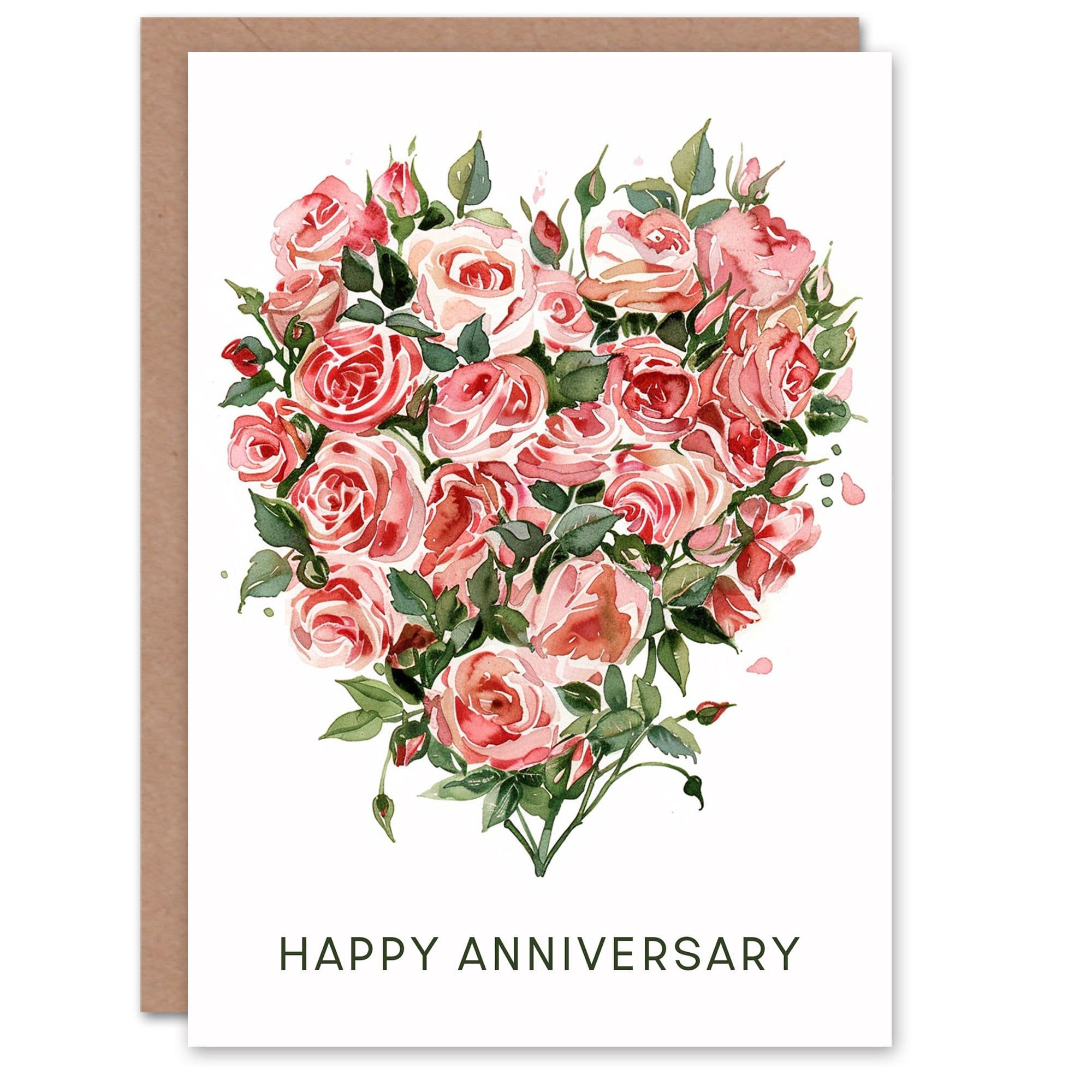 Roses Love Heart Flower Bouquet Watercolour Anniversary Card