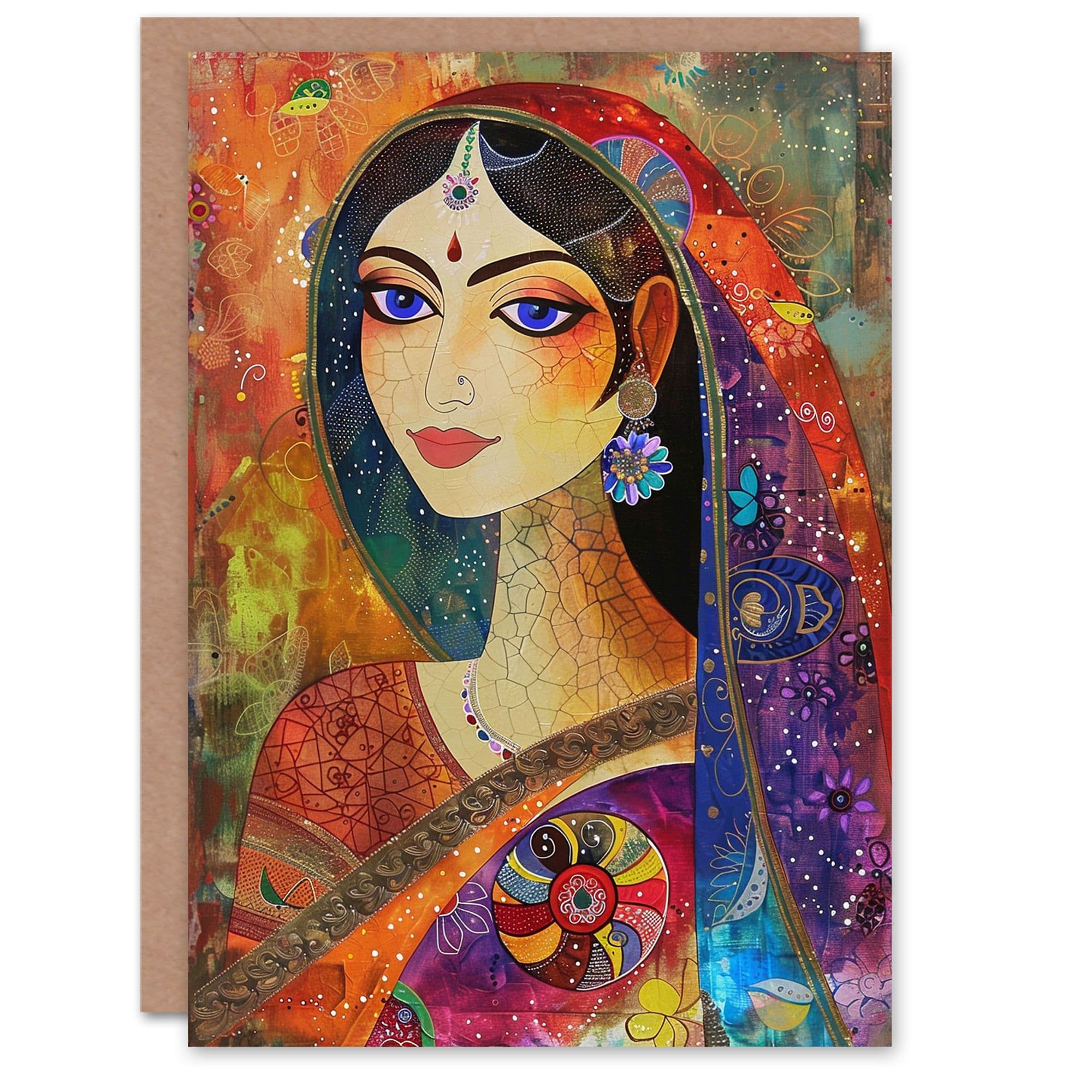 Artery8 Women's Indian Woman With Saree Colourful Folk Art Birthday Card in Orange