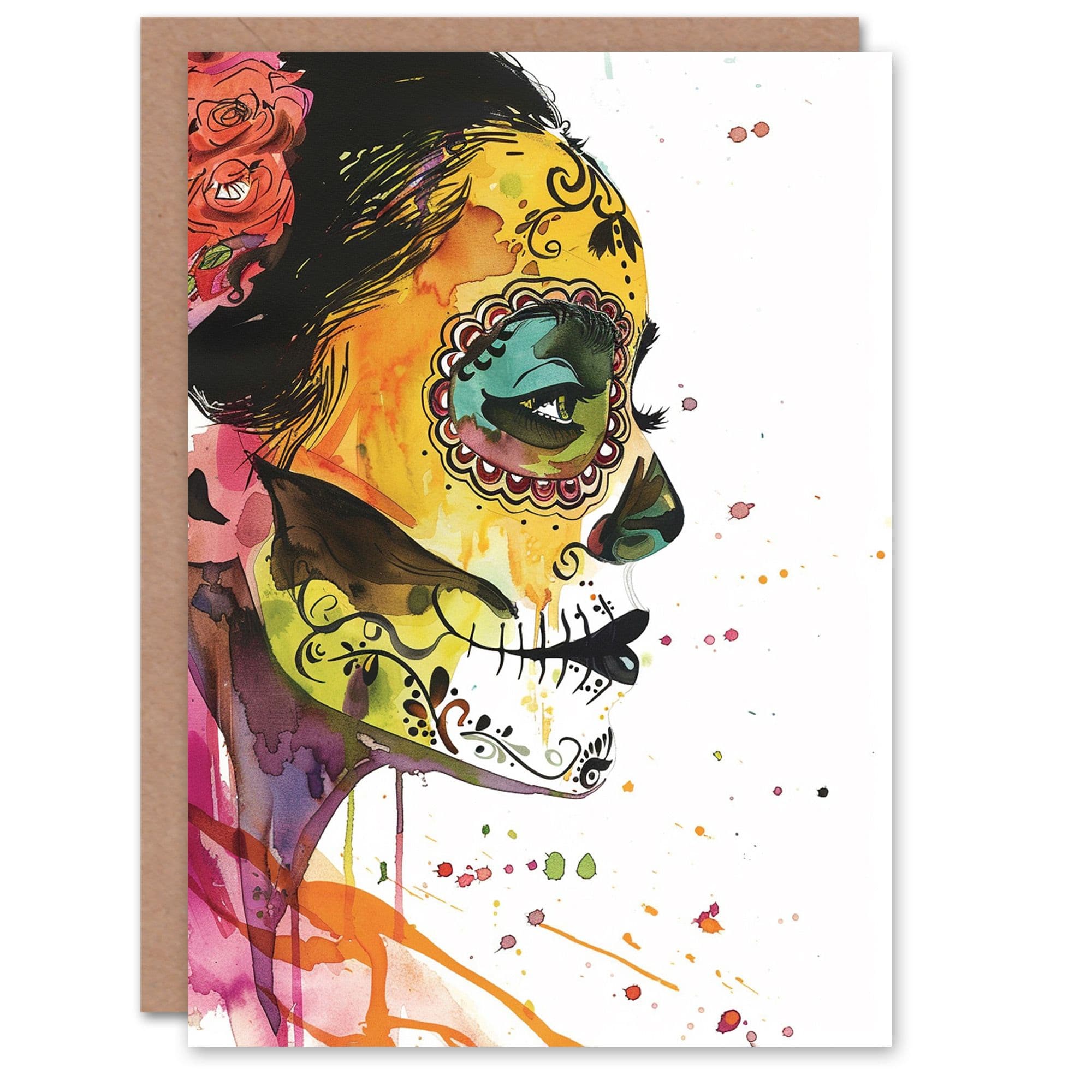 Day Dead Skull Face Woman Watercolour Birthday Card