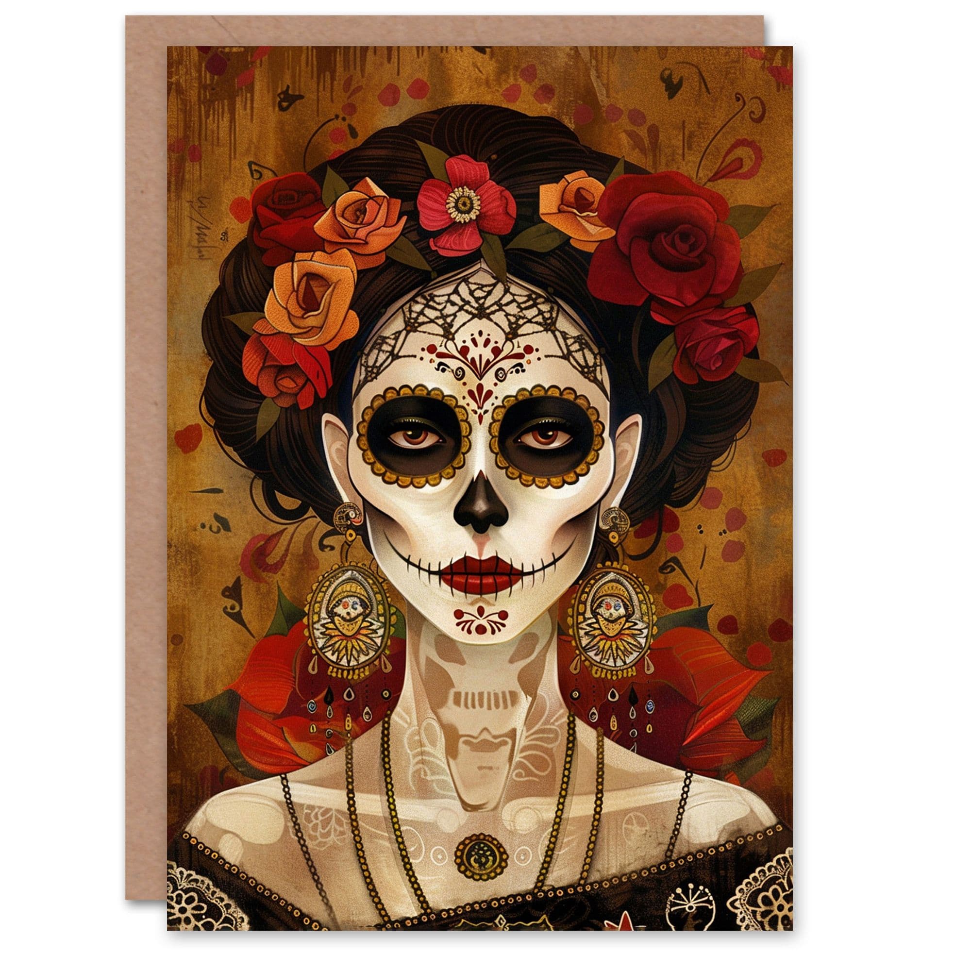 Artery8 Women's Day Of The Dead Calavera Makeup Woman Portrait Birthday Card in Brown
