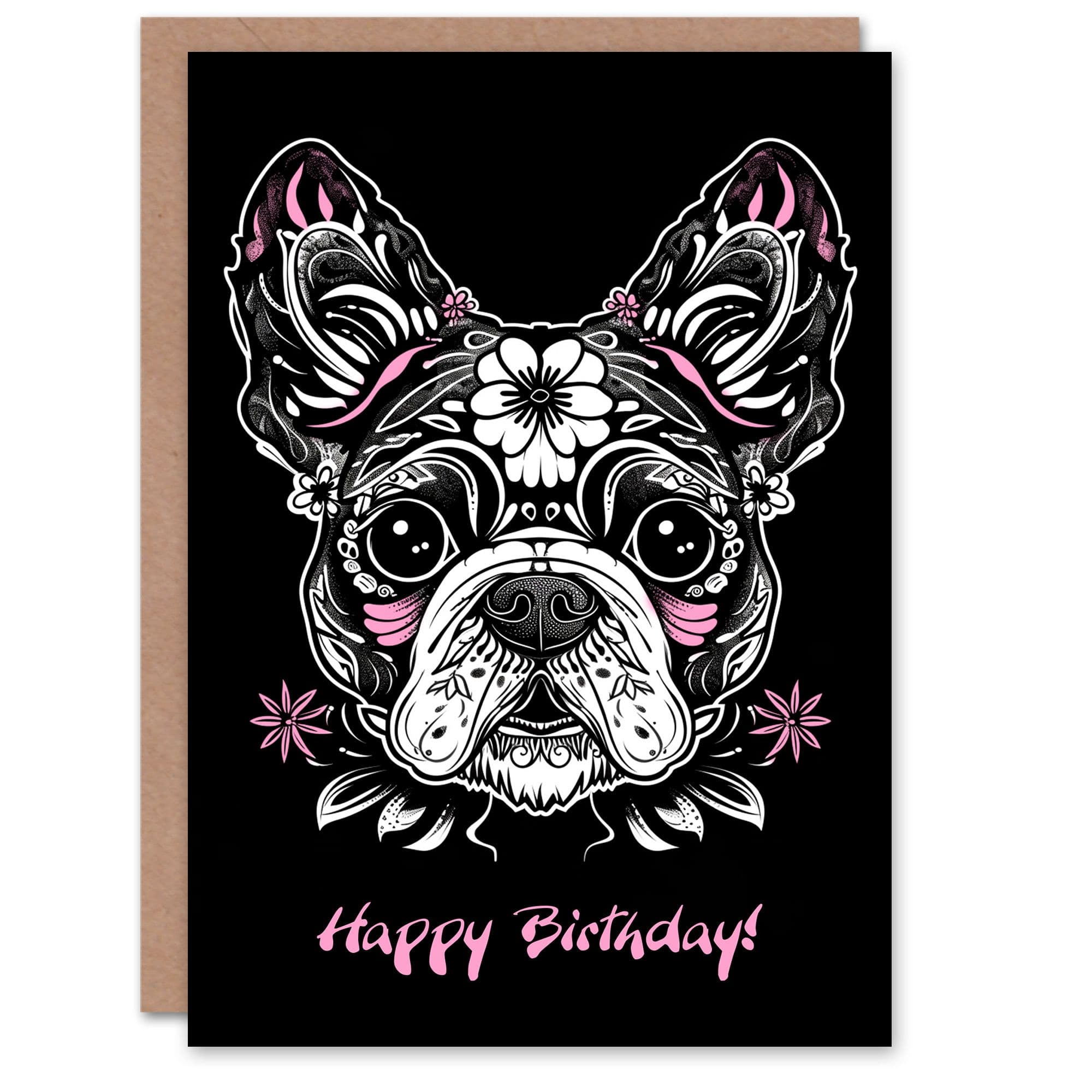 Artery8 Women's Calavera French Bulldog Dog Lover Day Of The Dead Birthday Card in Black