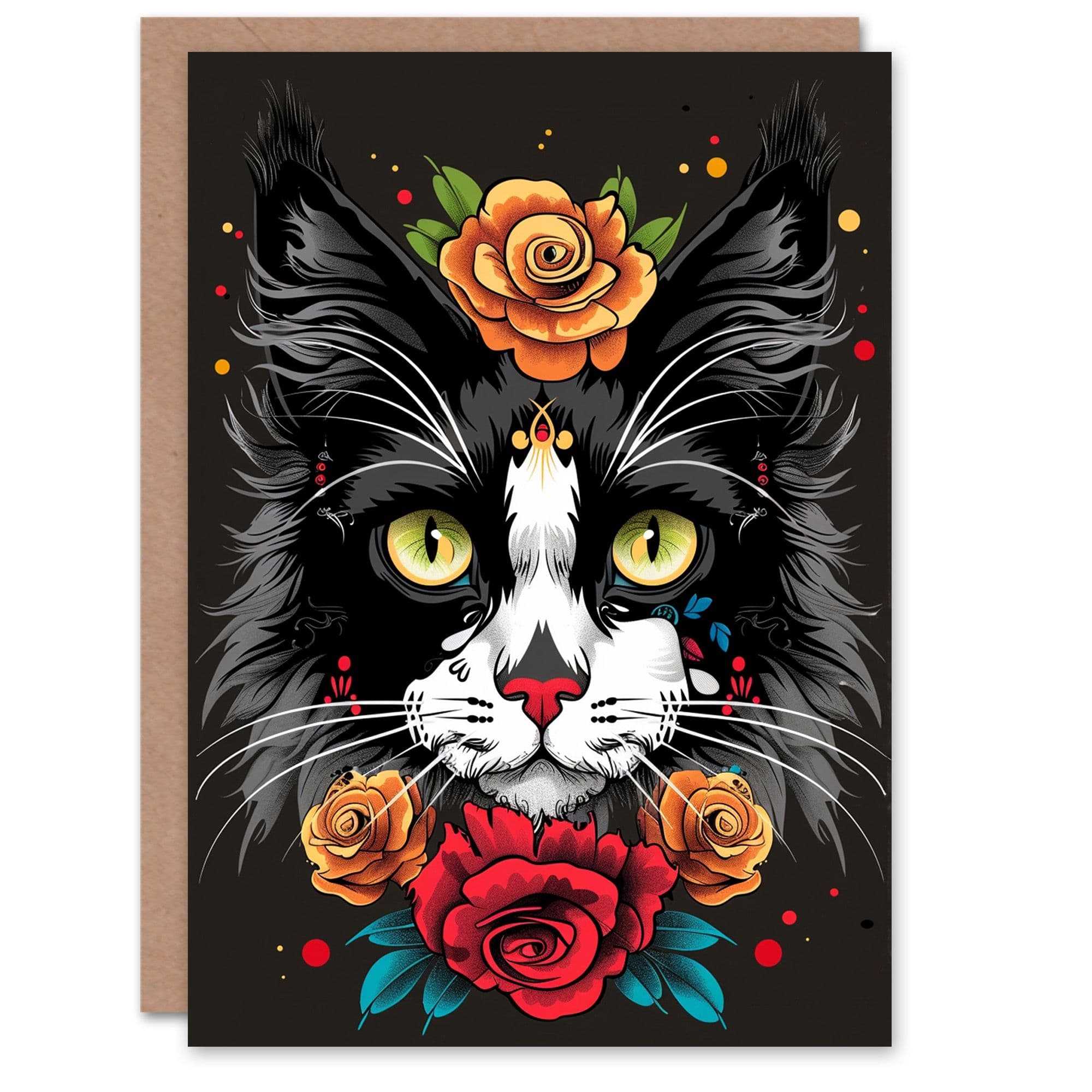 Cat Lover Day Dead Style Floral Pet Portrait Birthday Card