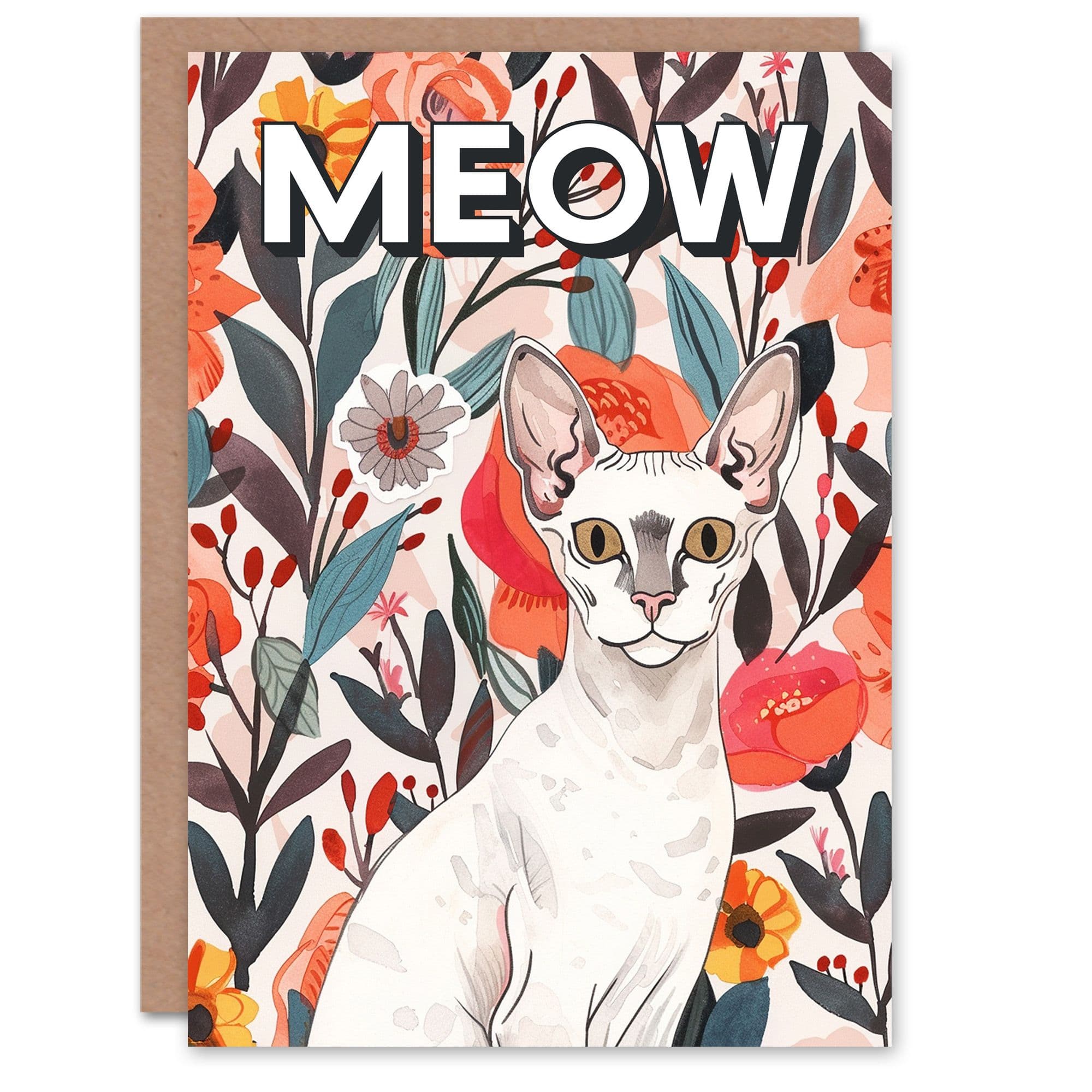 Artery8 Women's Meow Devon Rex Cat Lover Floral Pet Portrait Birthday Card in Pink