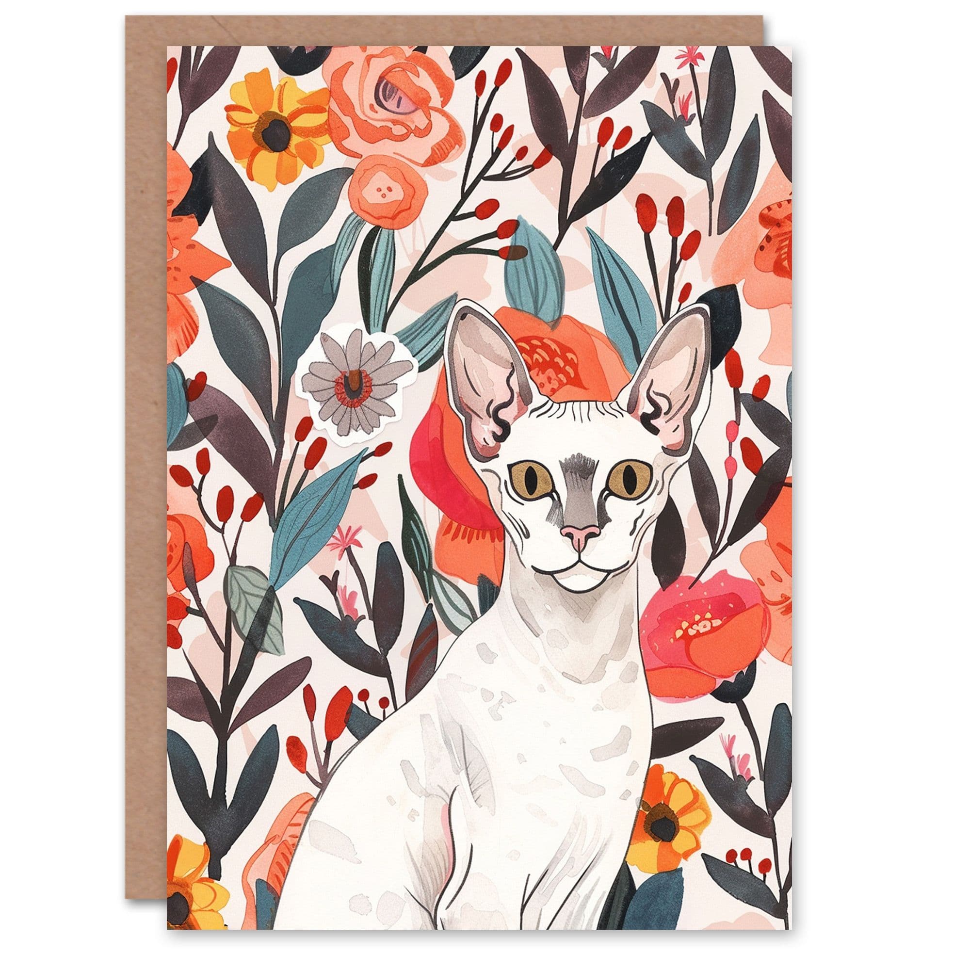 Artery8 Women's White Devon Rex Cat Lover Floral Pet Portrait Birthday Card in Pink