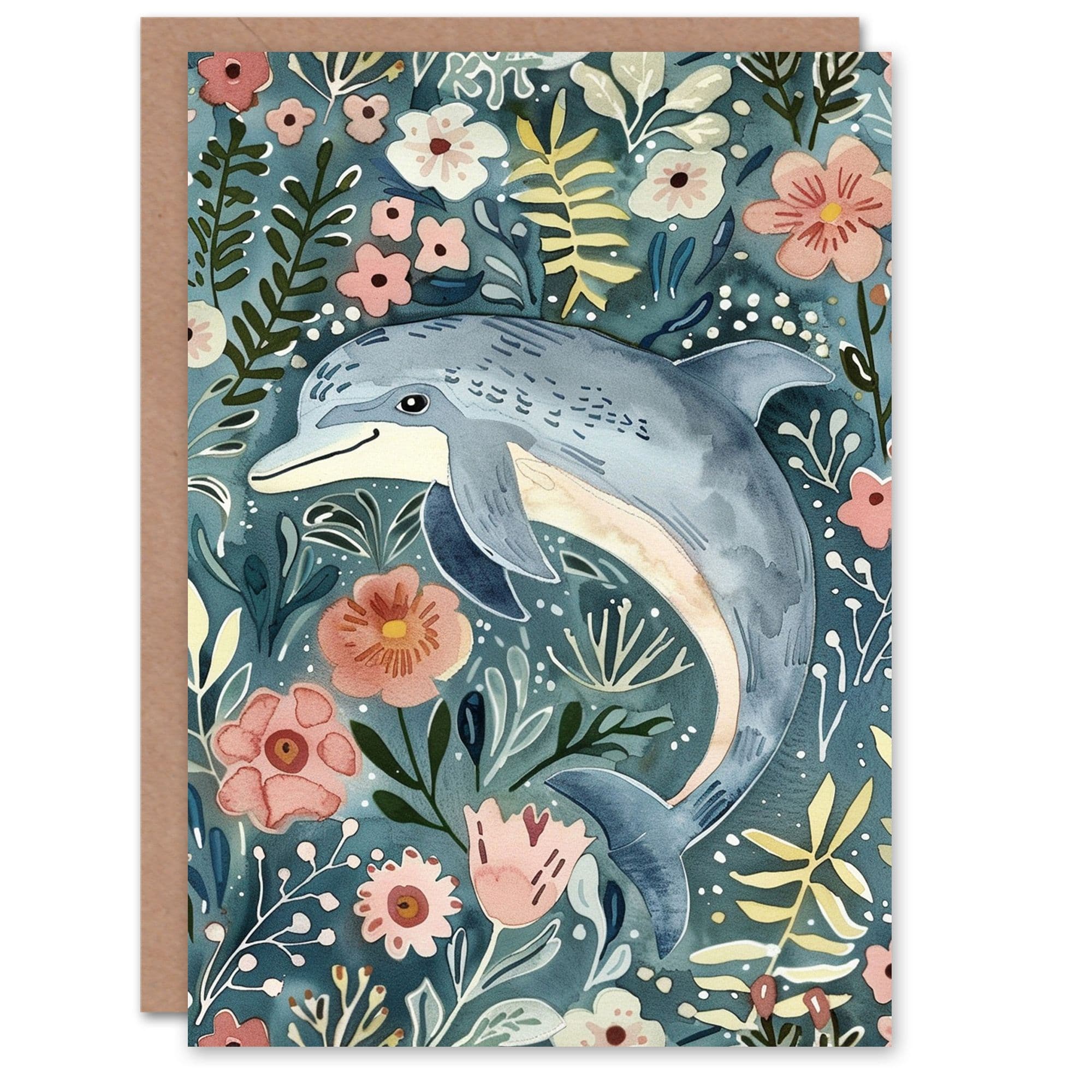 Artery8 Women's Dolphin in a Sea of Flowers Watercolour Folk Art Birthday Card in Blue