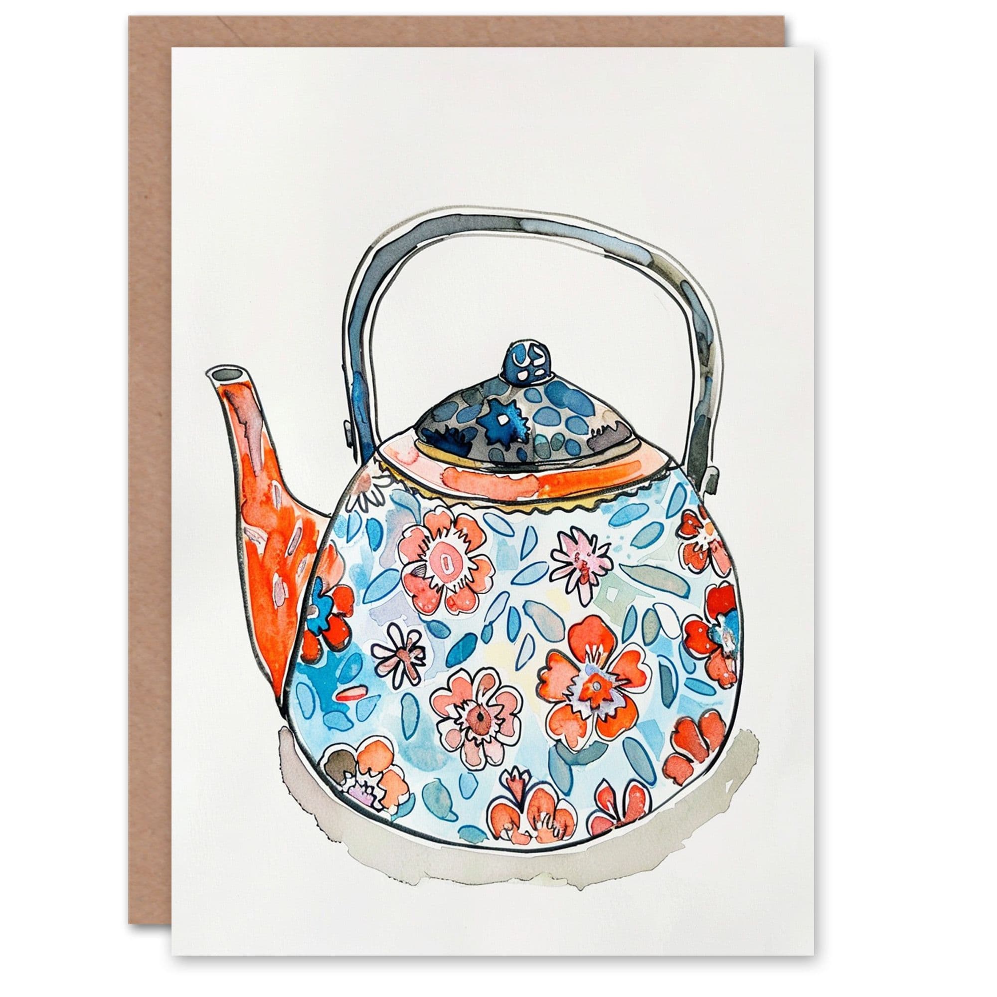 Artery8 Women's Floral Pattern Teapot Kettle Watercolour Birthday Card