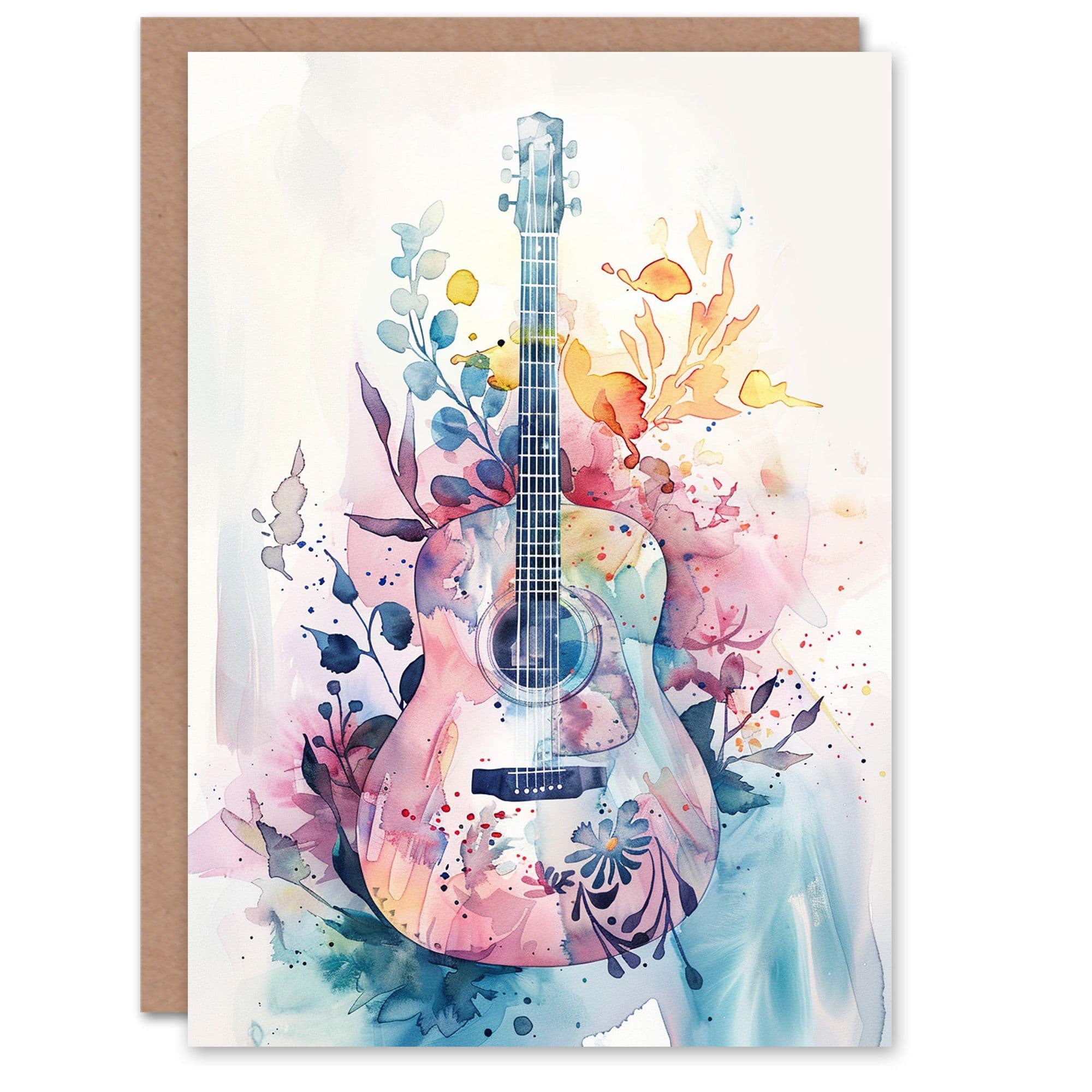 Acoustic Guitar Music Lover Floral Watercolour Birthday Card