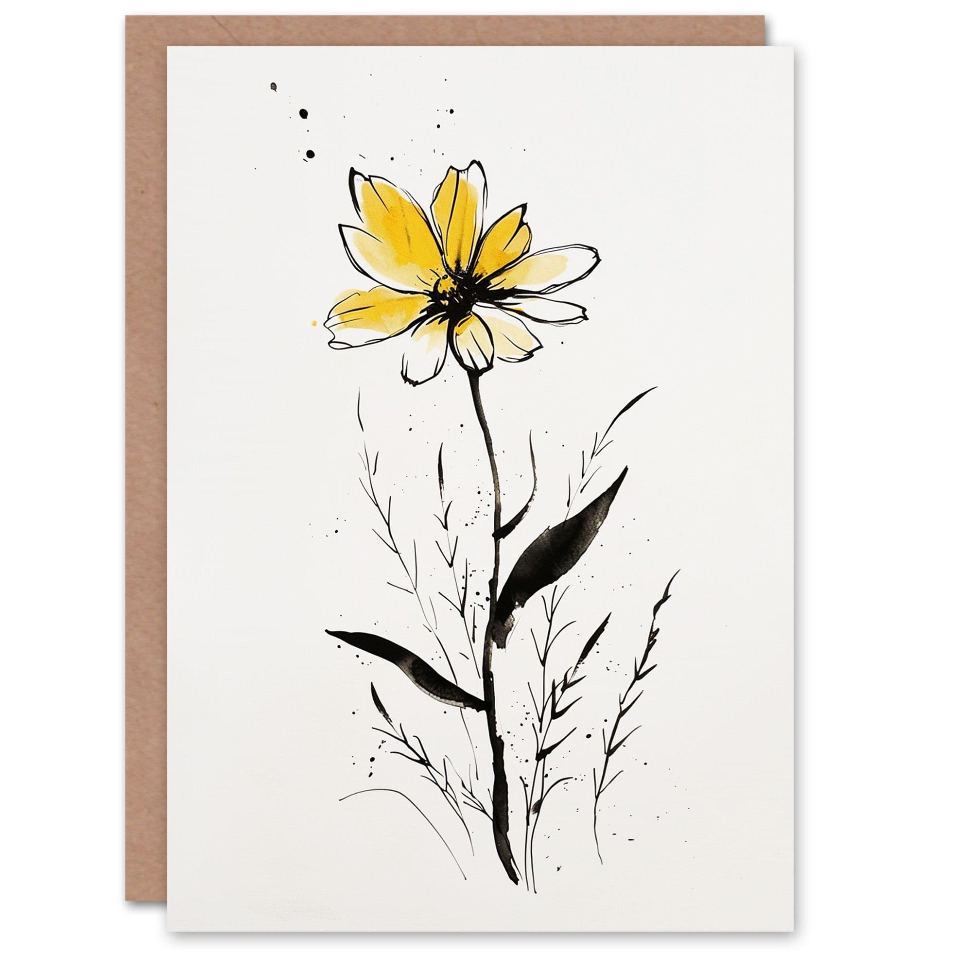Artery8 Women's Single Yellow Daisy Flower Floral Ink Drawing Birthday Card
