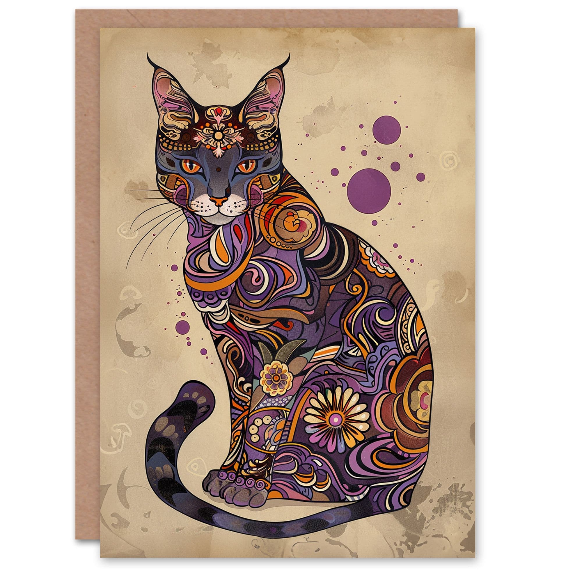 Artery8 Women's Abyssinian Cat Lover Purple Orange Pattern Folk Art Birthday Card in Brown