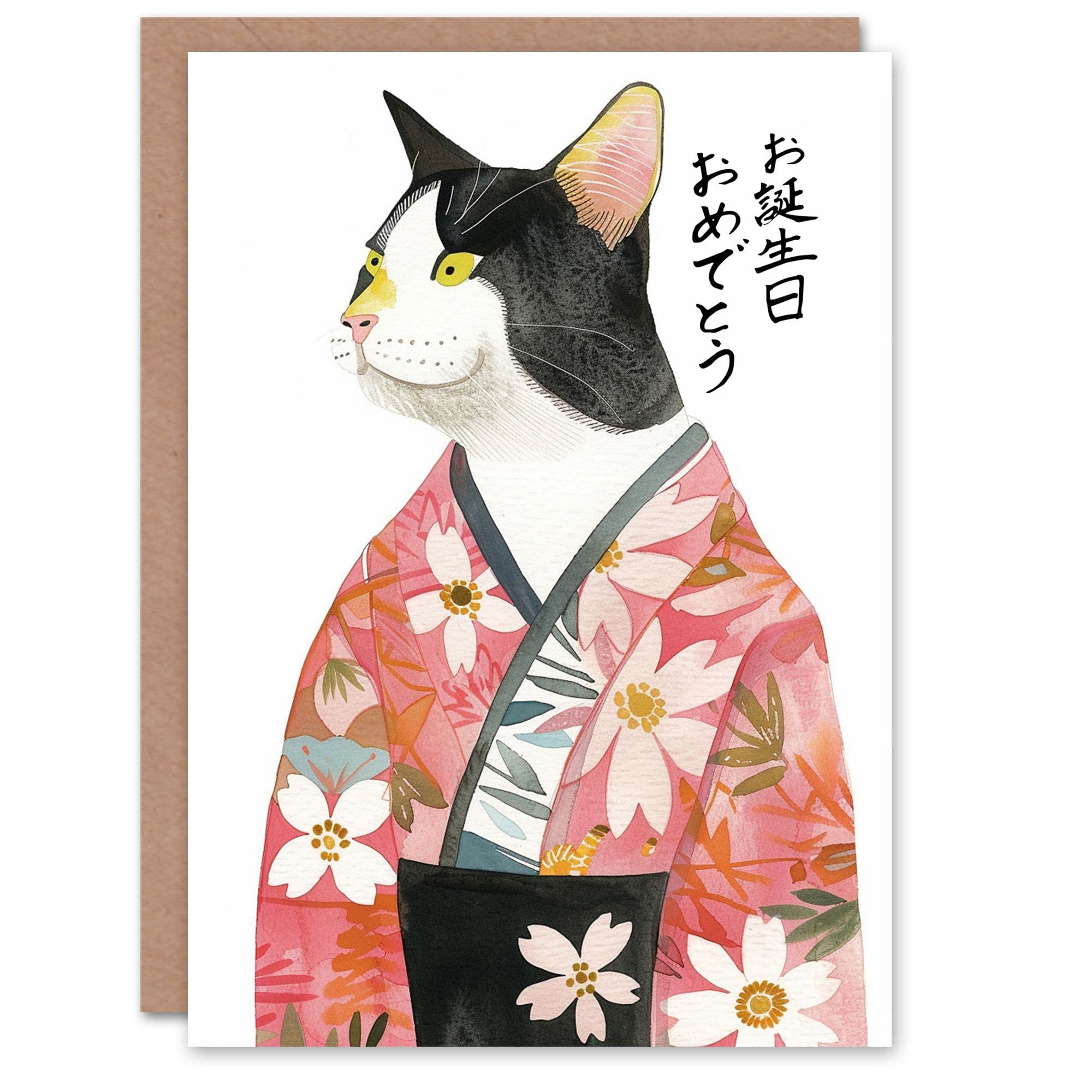 Cat Lover Floral Japanese Kimono Pet Portrait Birthday Card