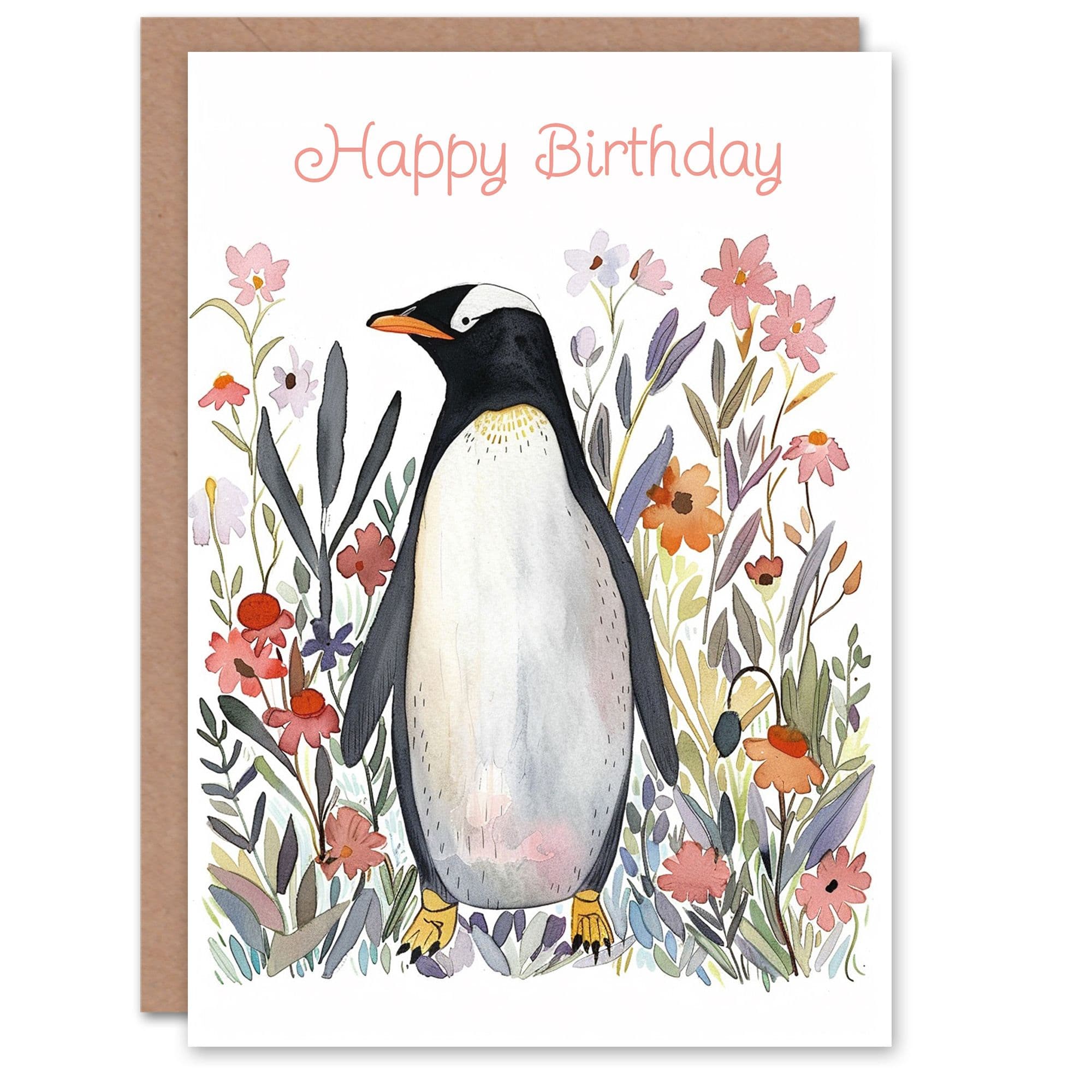 Cute Penguin Wildflower Meadow Watercolour Birthday Card