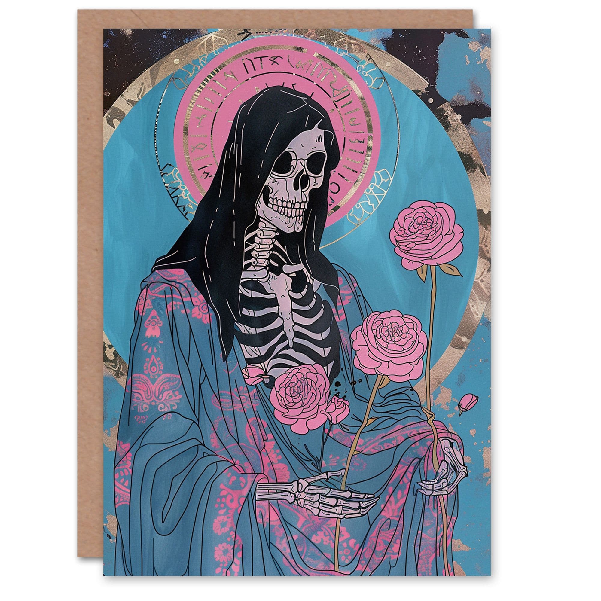 Artery8 Women's Death Floral Tarot Card Design Modern Colourful Birthday Card in Blue