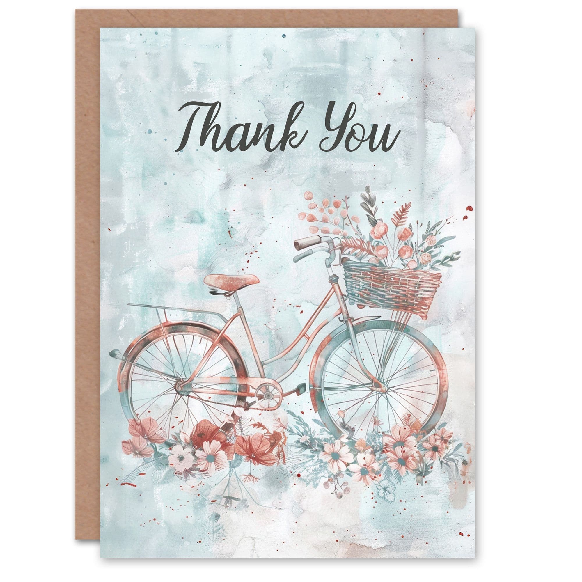 Artery8 Women's Vintage Bicycle Flower Basket Light Watercolour Thank You Card in Blue