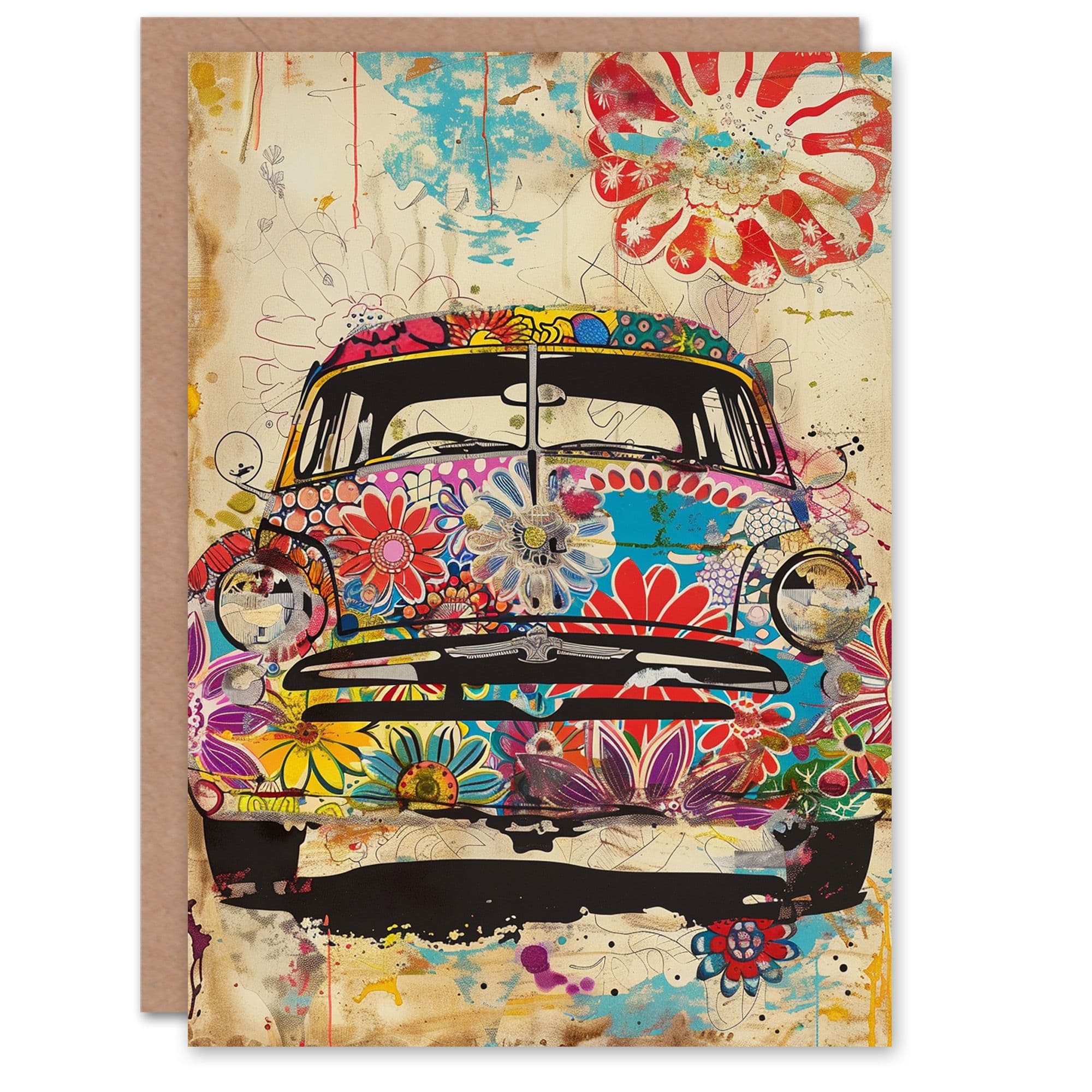 Artery8 Women's Hippie Flower Power Colourful Hippy Vintage Car Birthday Card in Beige