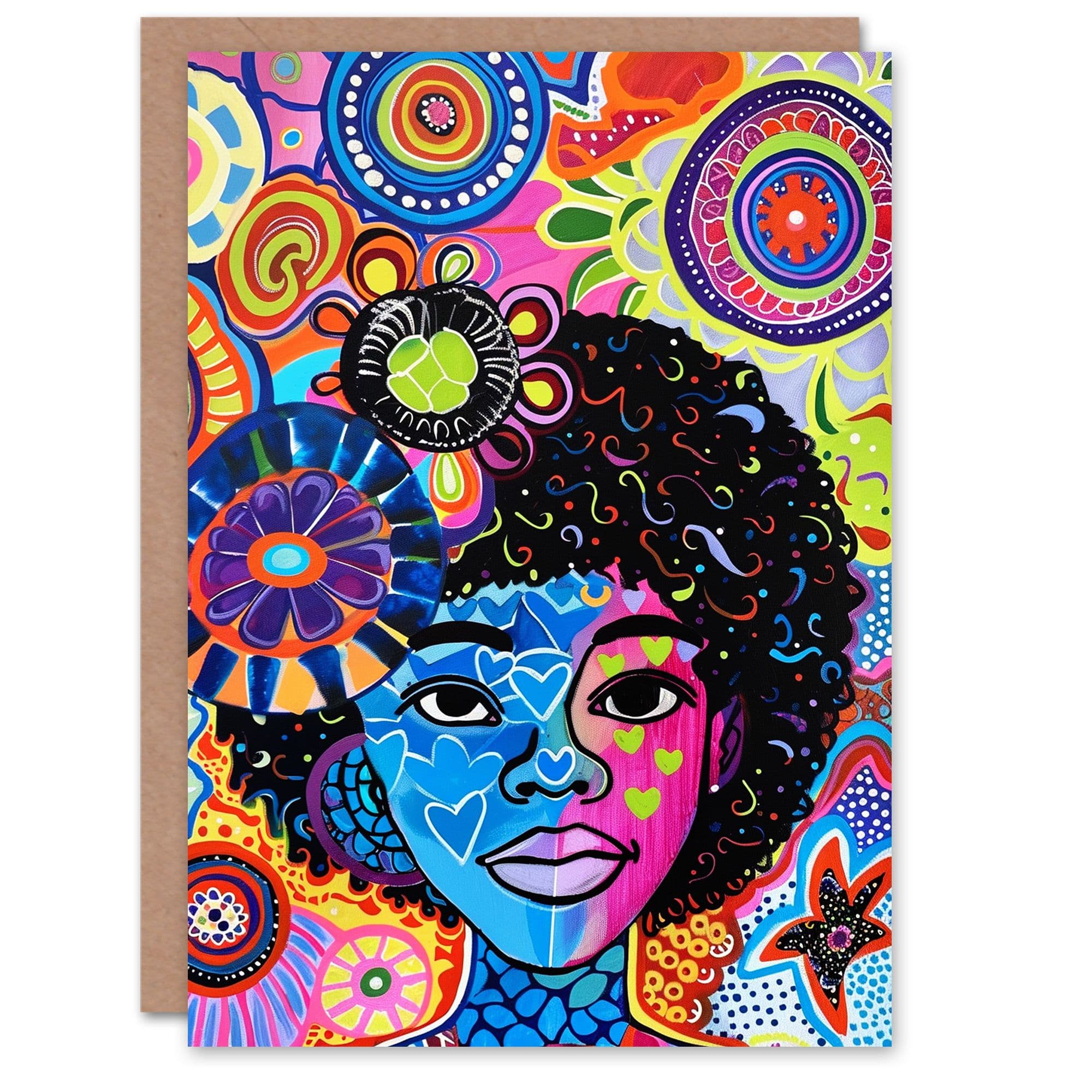 Peace Love Colourful Pattern Folk Art Portrait Birthday Card
