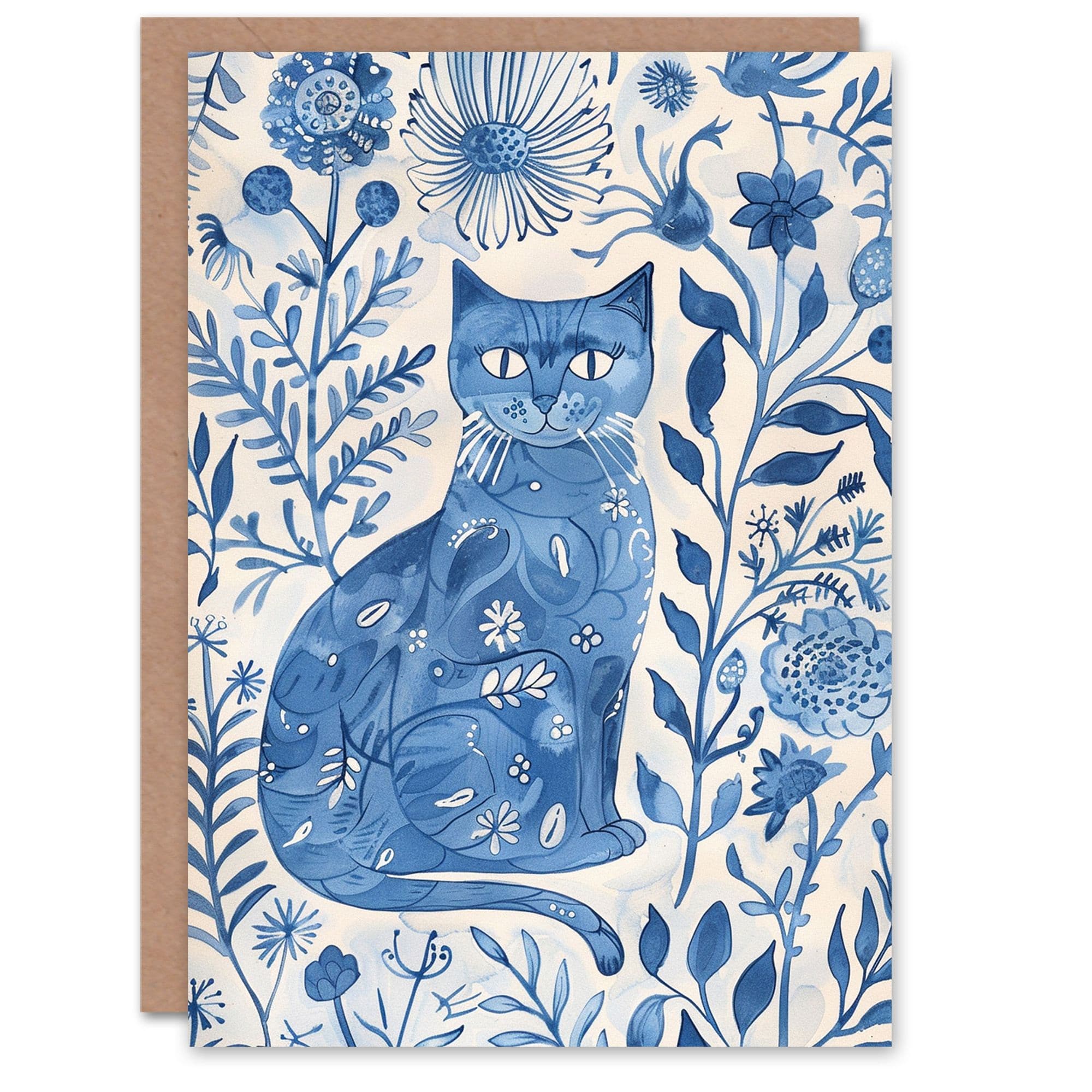 Cat Lover Floral Watercolour Folk Art Birthday Card