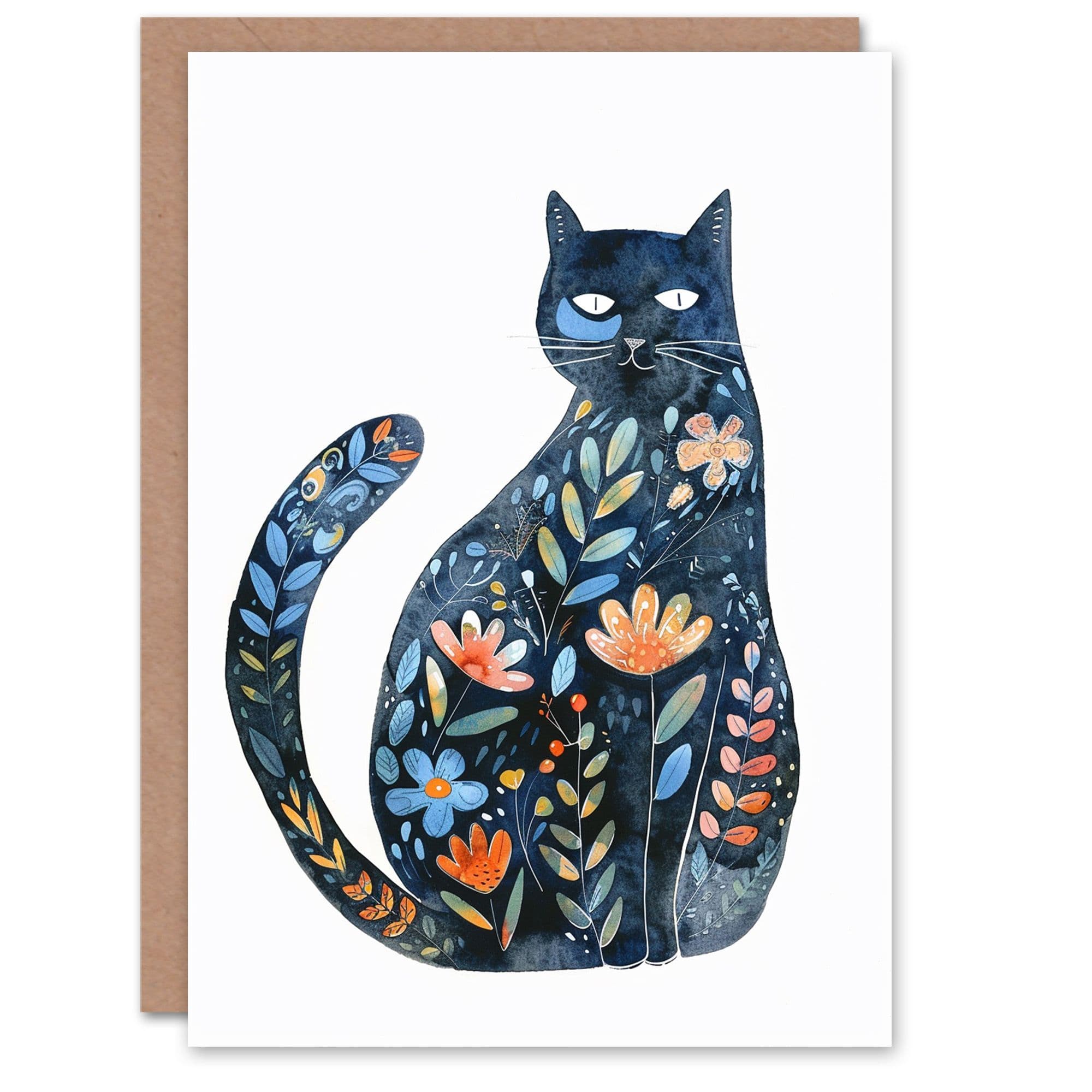 Artery8 Women's Floral Pattern Fur Coat Cat Lover Folk Art Birthday Card in Blue