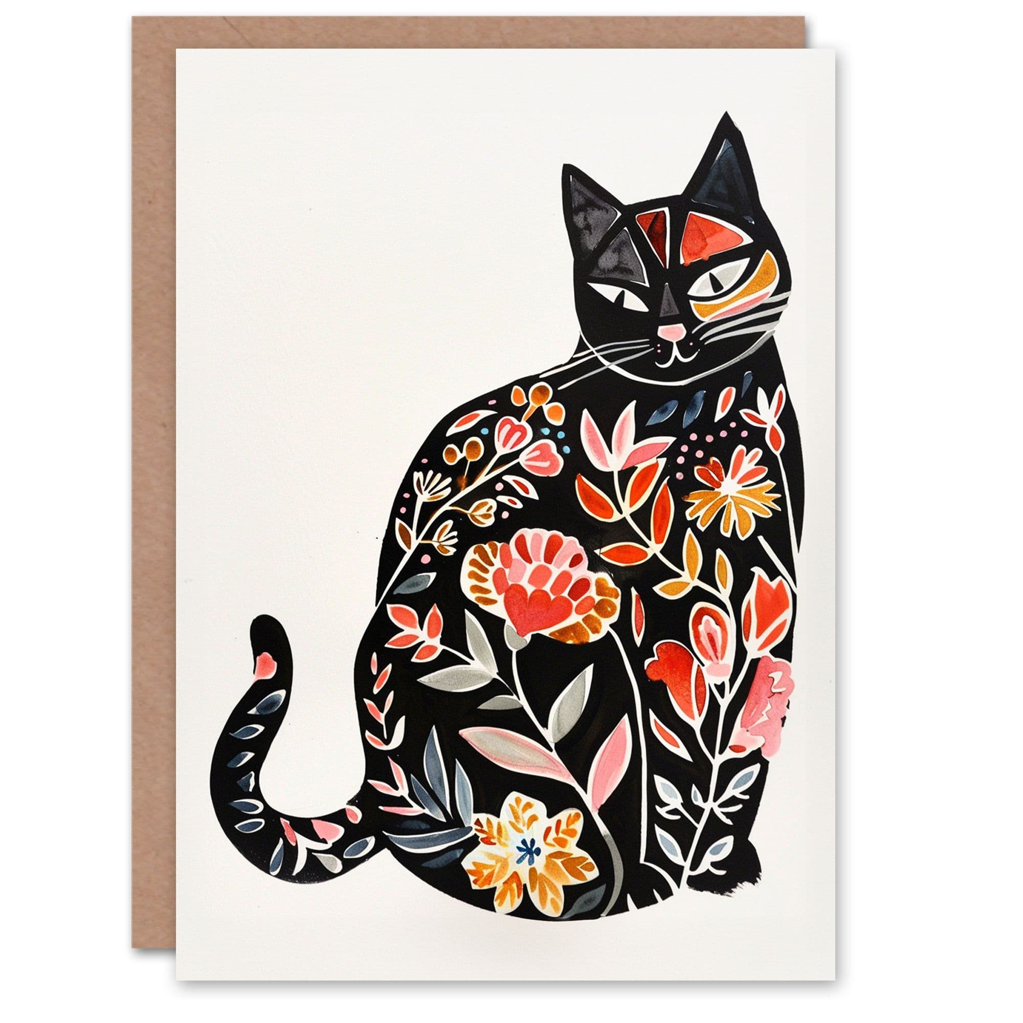 Artery8 Women's Cat Lover Watercolour Flower Pattern Silhouette Birthday Card in Red