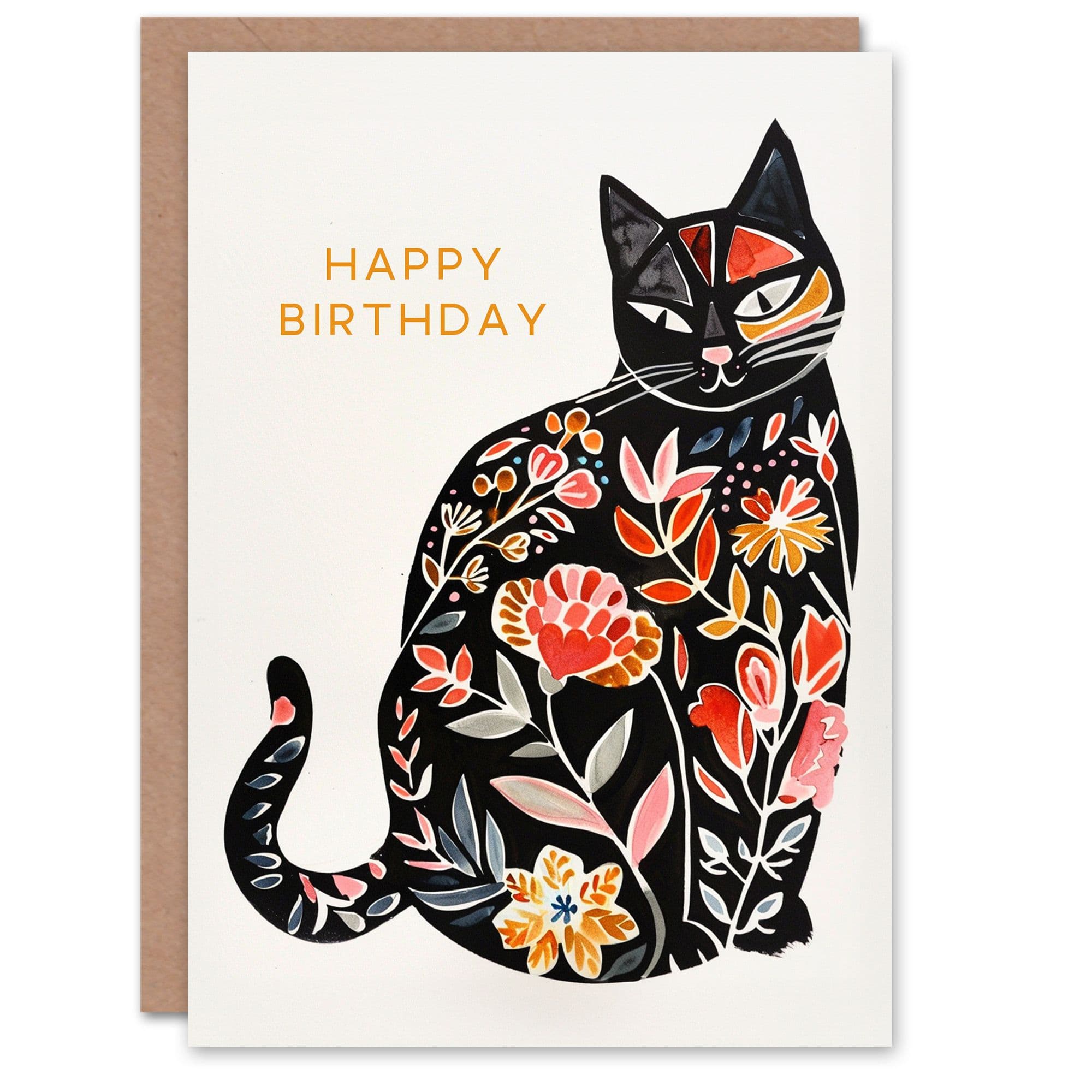 Artery8 Women's Cat Lover Floral Pattern Pet Silhouette Folk Art Birthday Card in Red