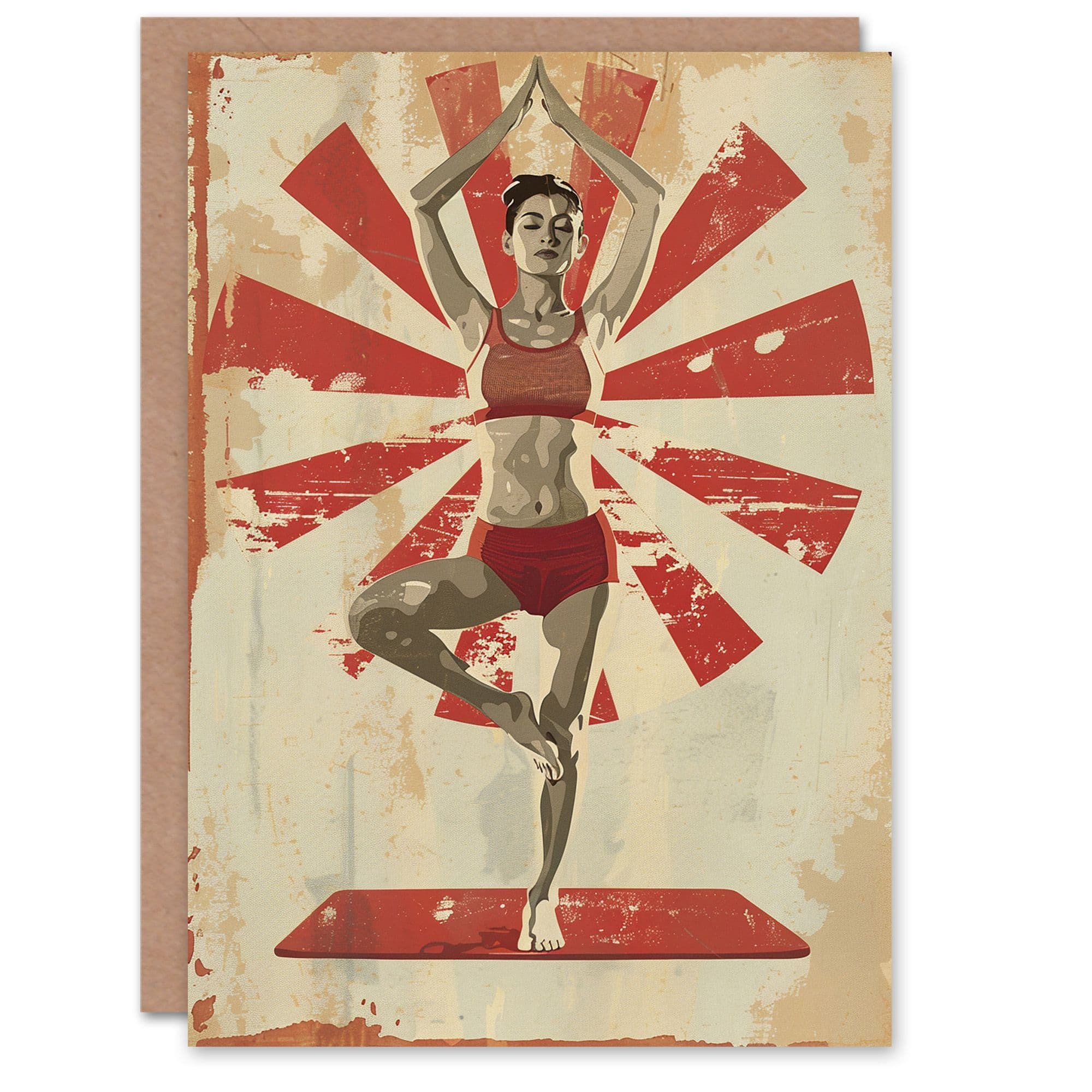 Yoga Tree Pose Retro Japanese Style Design Birthday Card