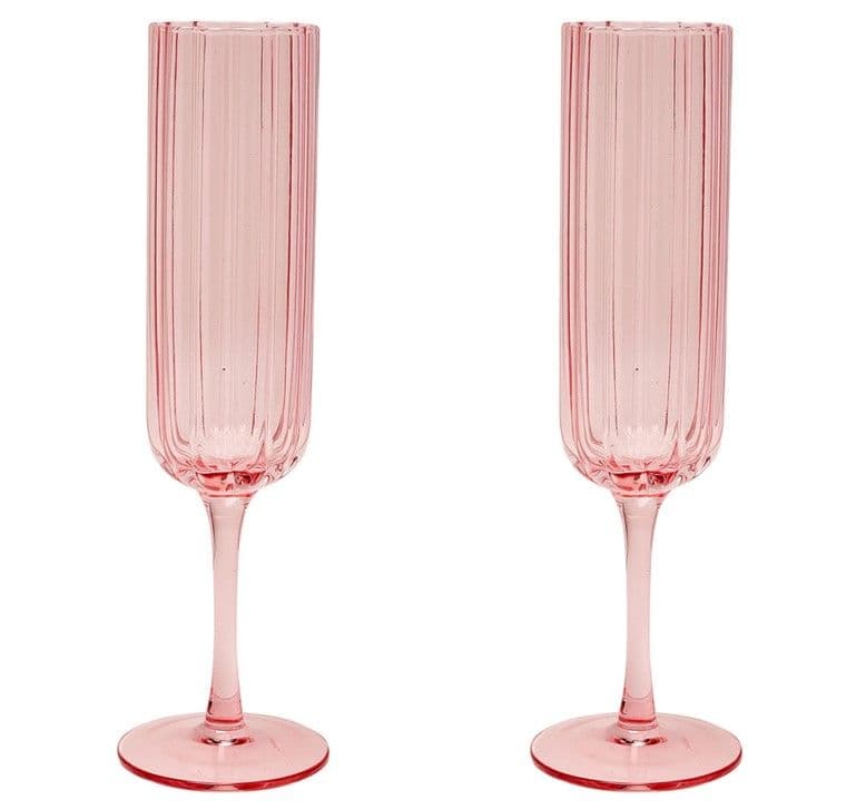 Set of 2 Bright Pink Scalloped Glass Champagne Flutes