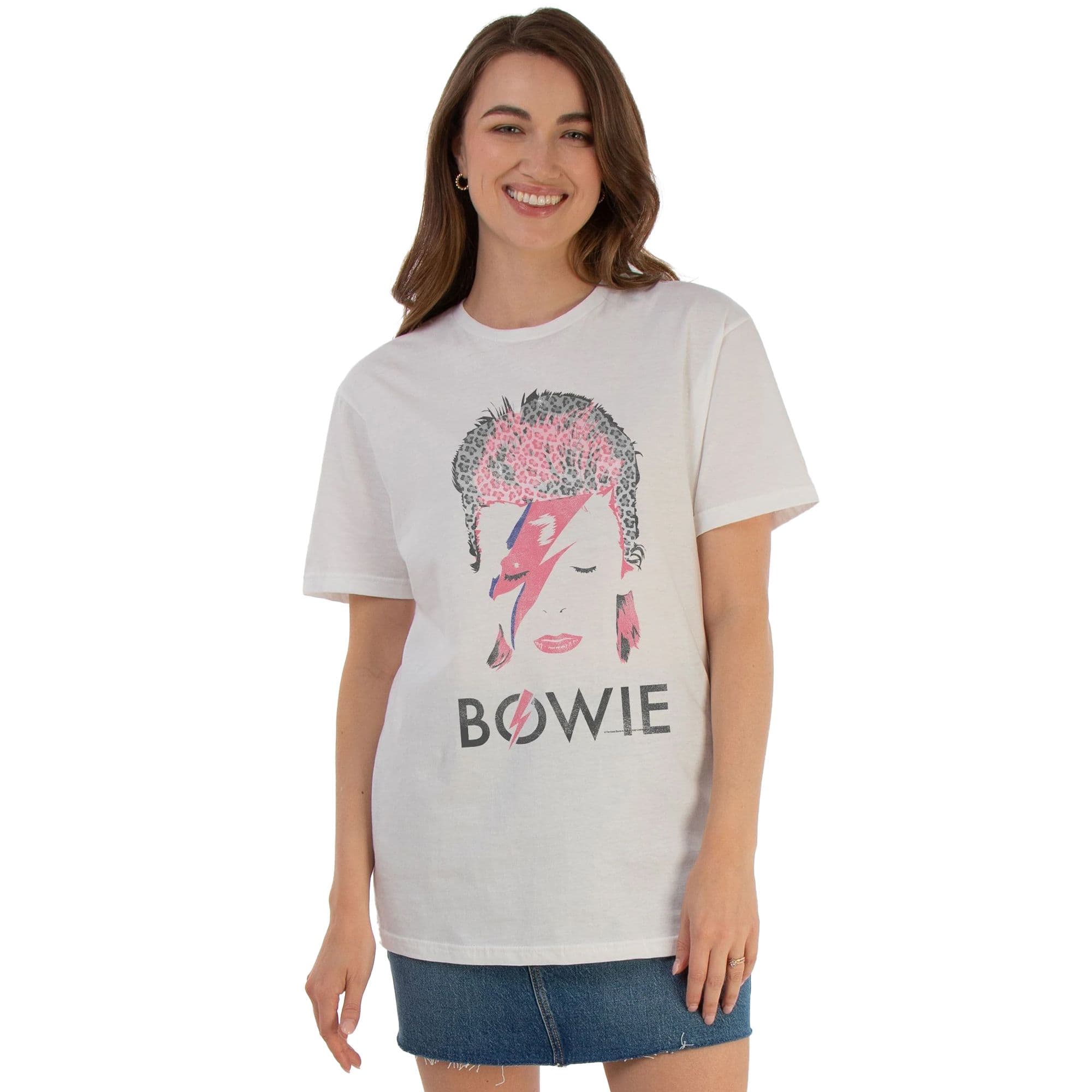 David Bowie Women's Aladdin Sane Leopard Boyfriend T-Shirt in White | Size: 3XL
