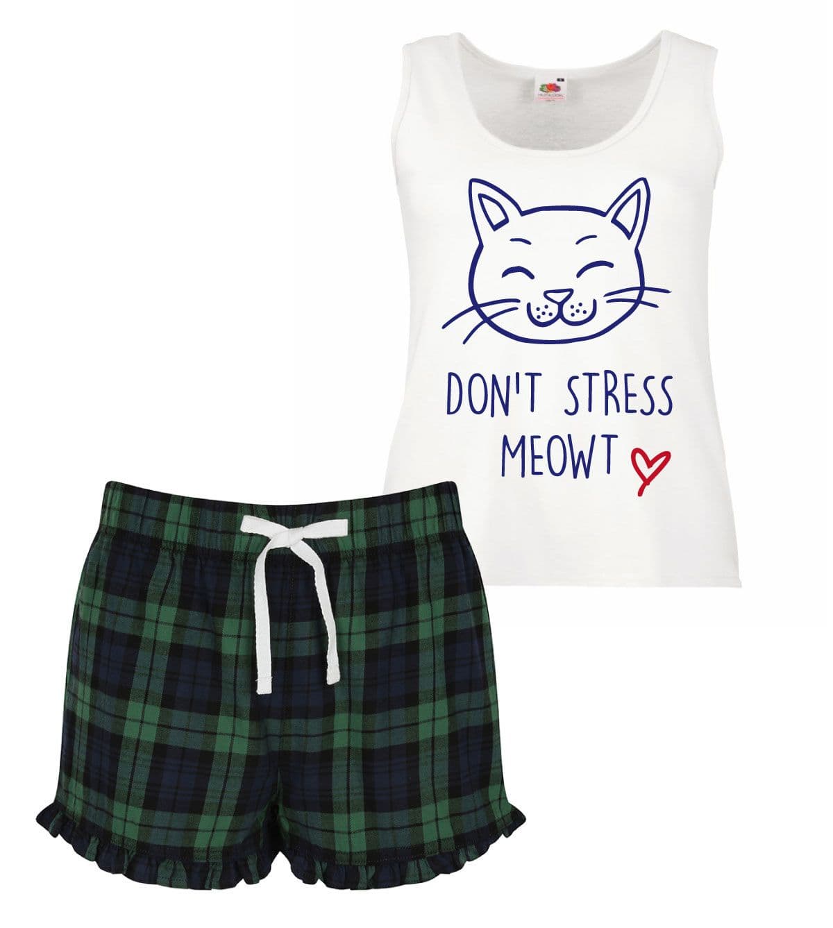 60 SECOND MAKEOVER Women's Don't Stress Meowt Pyjama Set in Green | Size: XS
