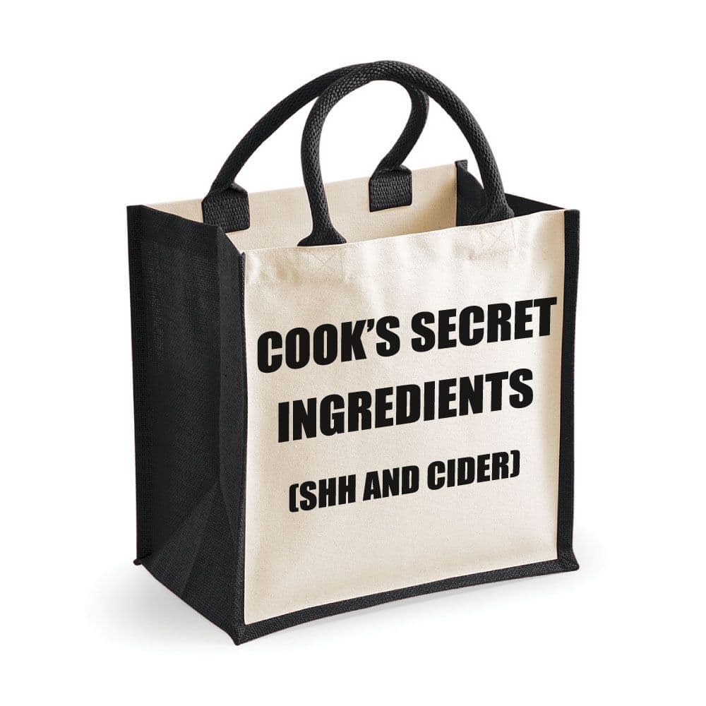 Medium Jute Bag Cook's Secret Ingredients (Shh and Cider) Black Bag