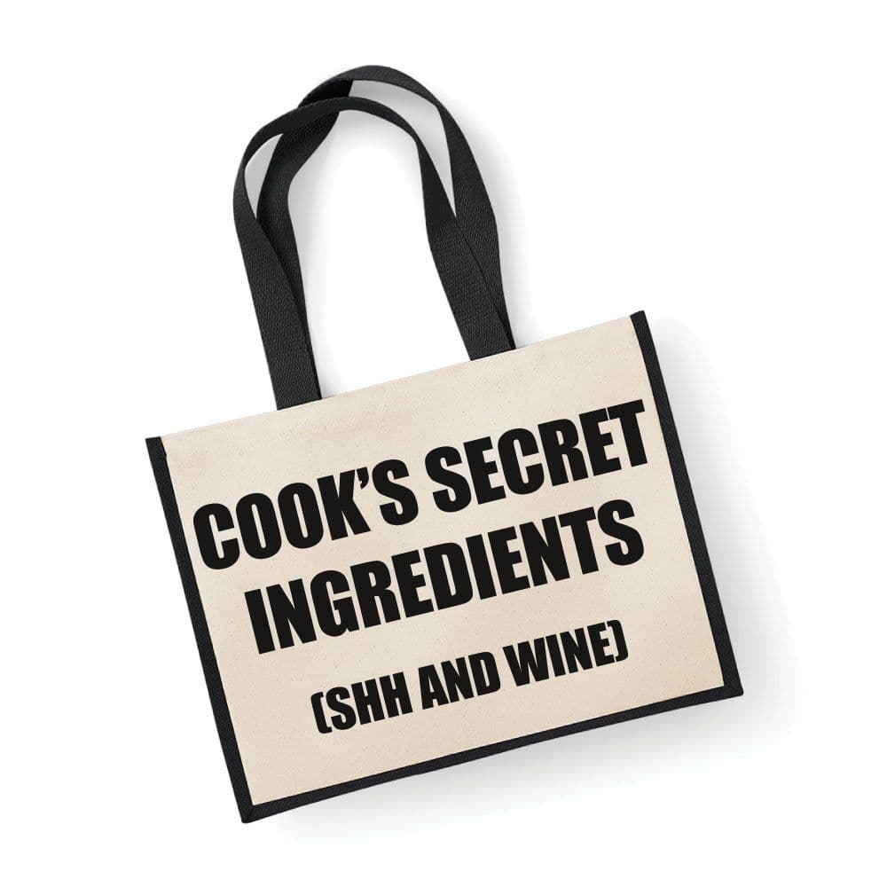 Large Jute Bag Cook's Secret Ingredients (Shh and Wine) Black Bag