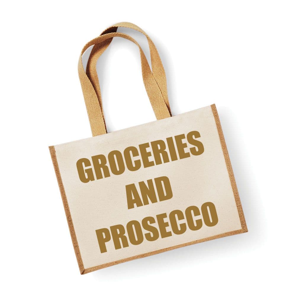 Large Jute Bag Groceries And Prosecco Natural Bag Gold Text