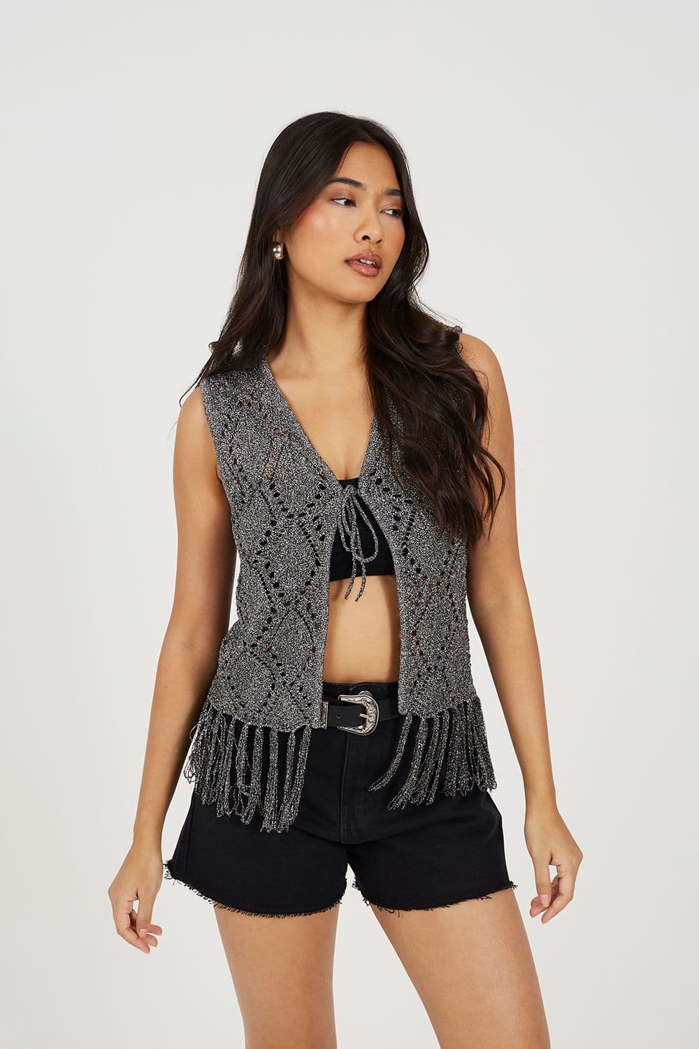 Metallic Tie Front Waistcoat
