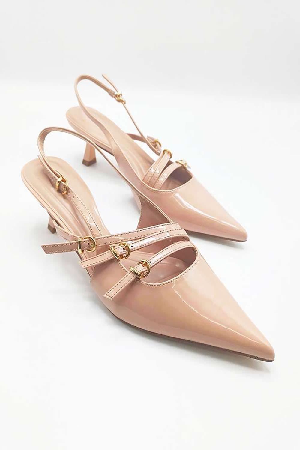 Miss Diva Women's Azzura Pointed Toe 3 Strap Buckle Detail Slingback Court Shoes in Nude | Size: 7