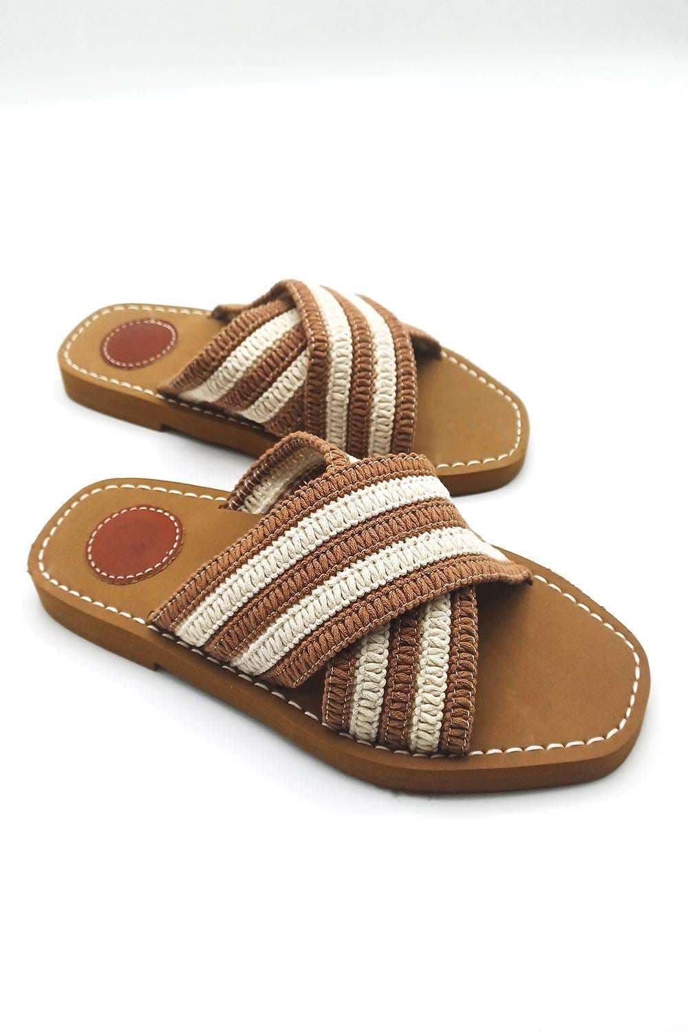 Miss Diva Women's Josefina Crochet Criss Cross Strap Sliders in Light Brown | Size: 5