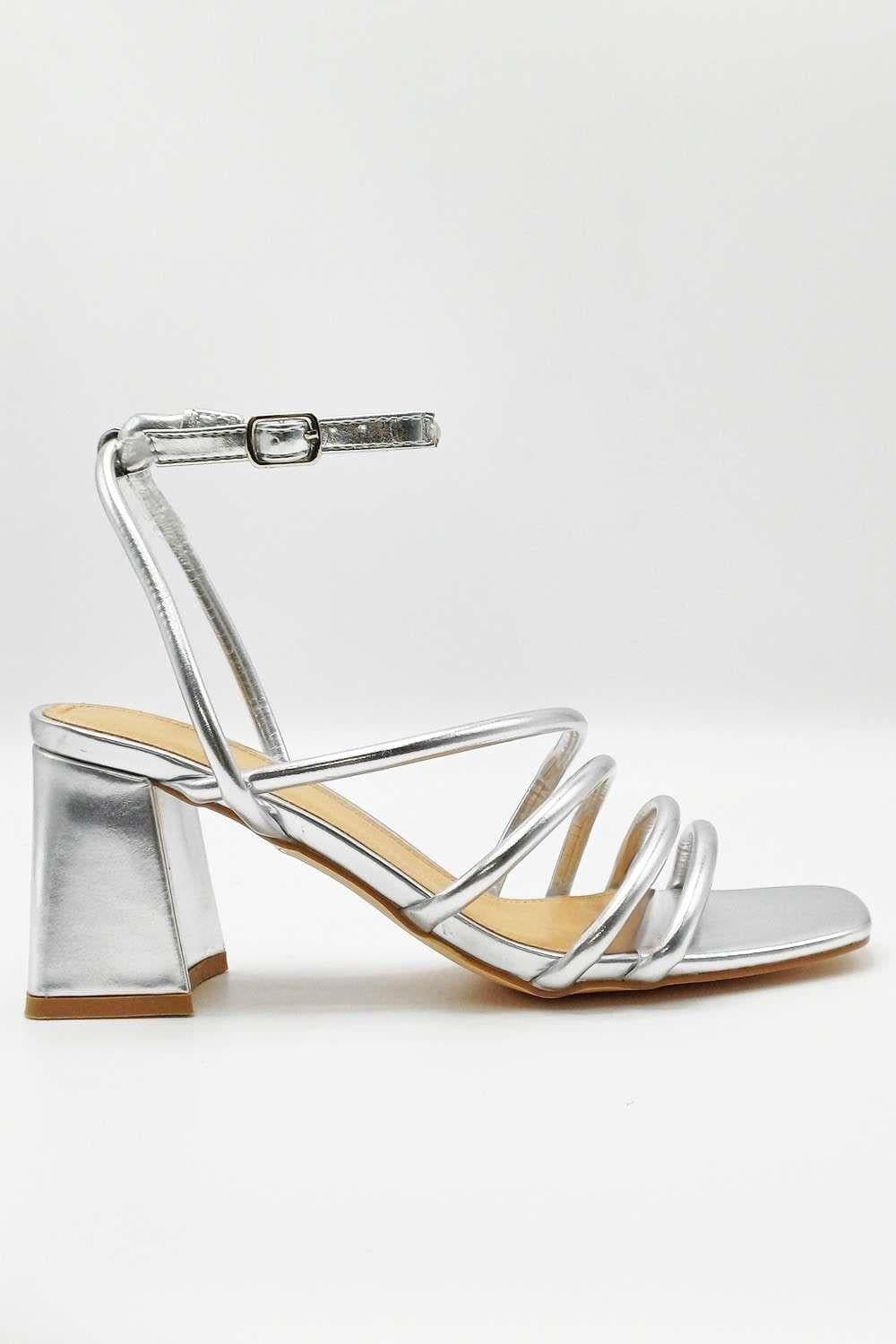 Miss Diva Women's Milena Square Toe Strappy Block Heel Sandals in Silver | Size: 5