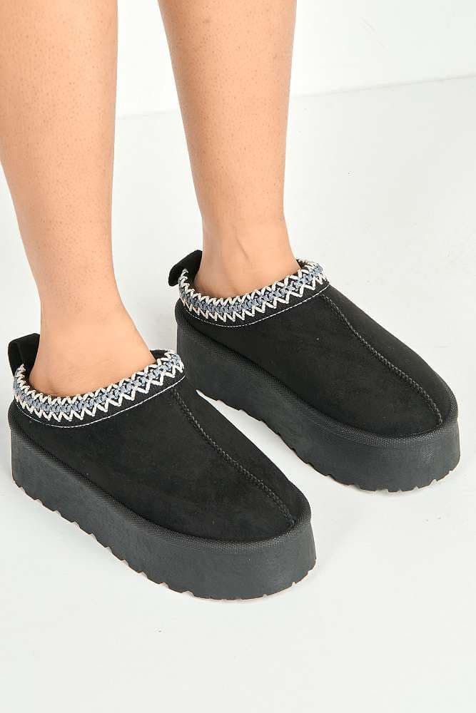 Miss Diva Women's Astria Faux Fur Lining Knit Pattern Detail Flatform Slippers in Black | Size: 3