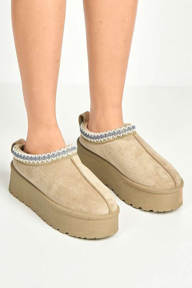 Miss Diva Women's Astria Faux Fur Lining Knit Pattern Detail Flatform Slippers in Grey | Size: 8