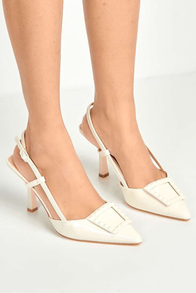 Miss Diva Women's Wisteria Studded Brooch Detail Slingback Heel Court Shoes in Beige | Size: 7