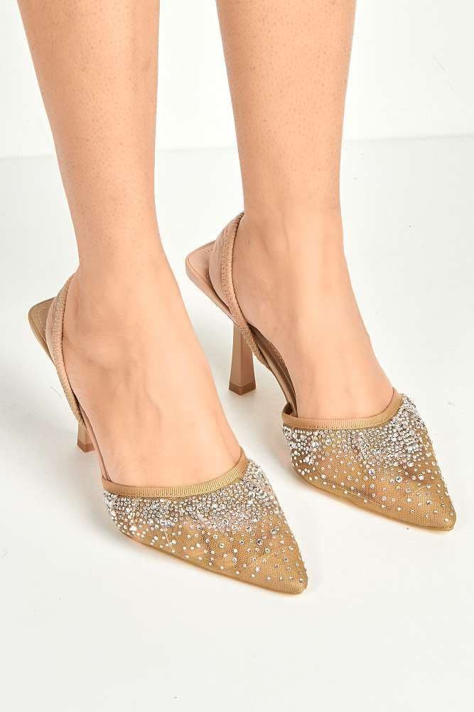 Miss Diva Women's Lenora Gemstone Embellished Mesh Slingback Court Shoes in Nude | Size: 6