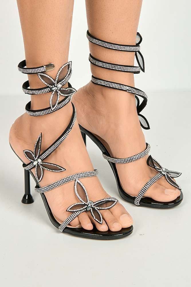 Miss Diva Women's Toki Butterfly Detail Diamante Heeled Sandals in Black | Size: 5