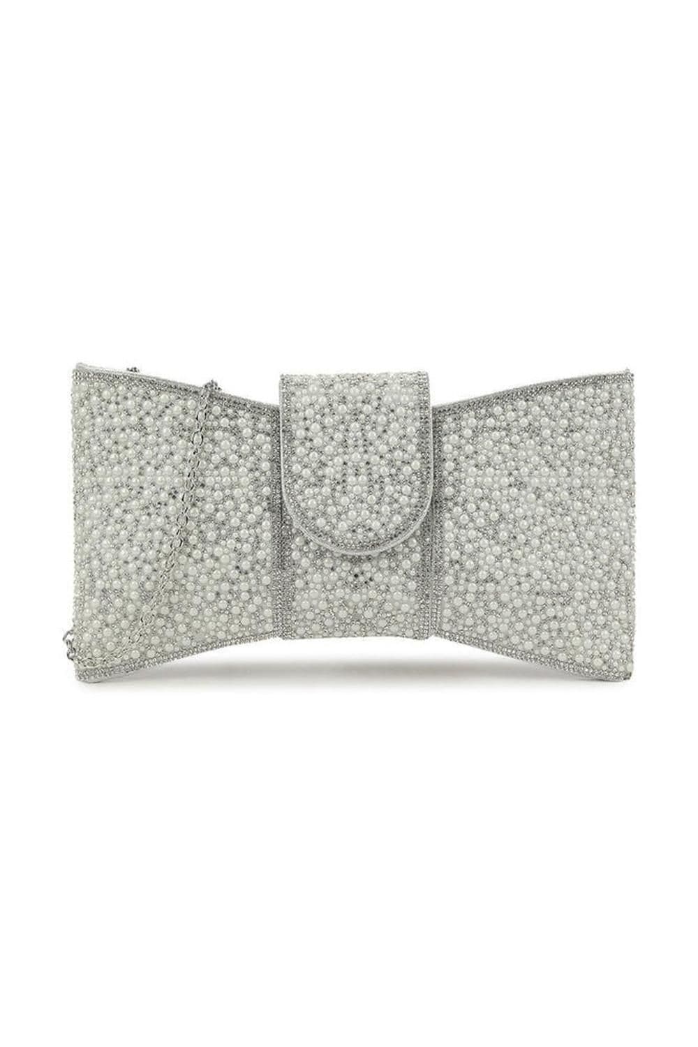 Miss Diva Women's Lucille Diamante Encrusted Bow Envelope Clutch Bag in Silver