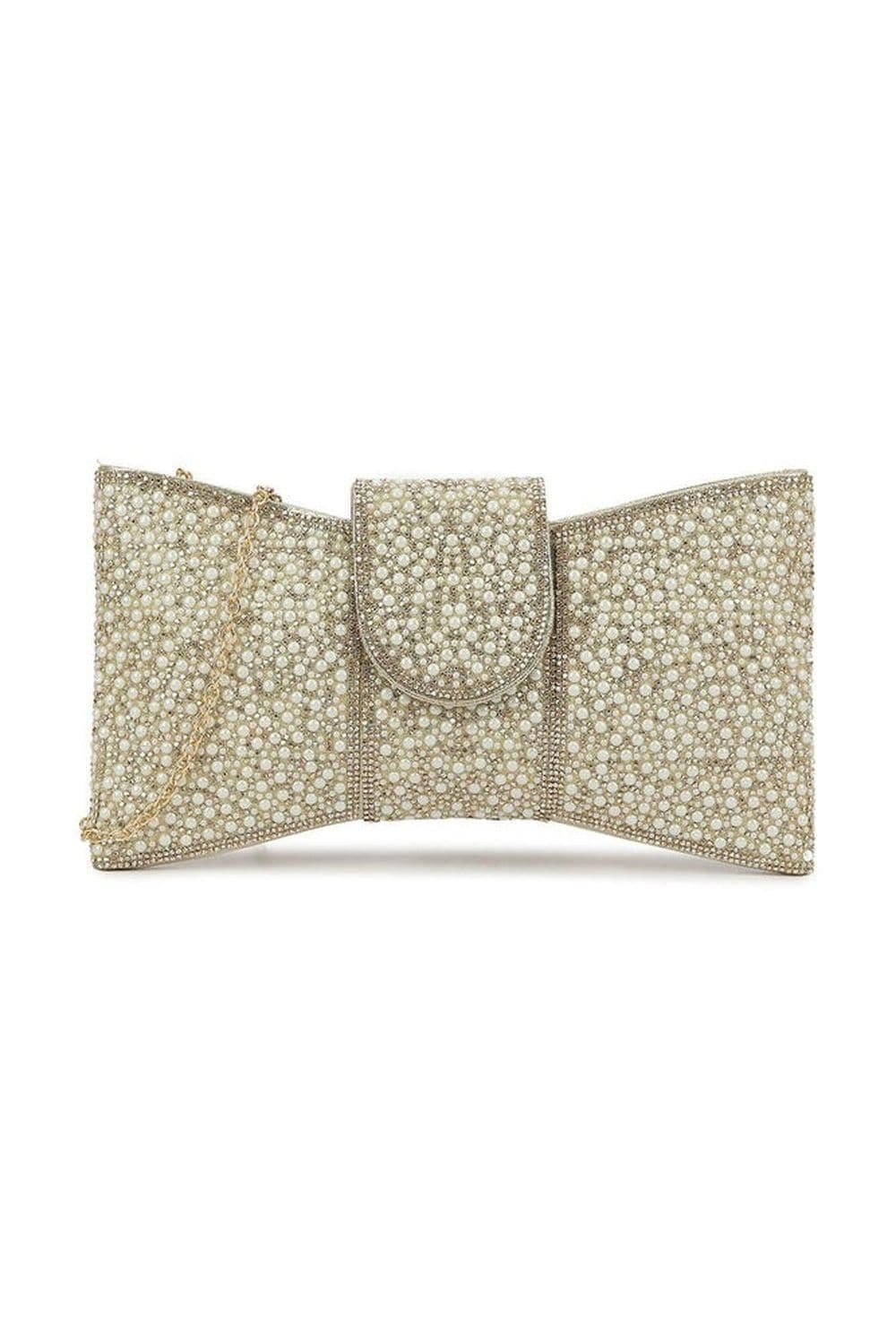 Miss Diva Women's Lucille Diamante Encrusted Bow Envelope Clutch Bag in Gold