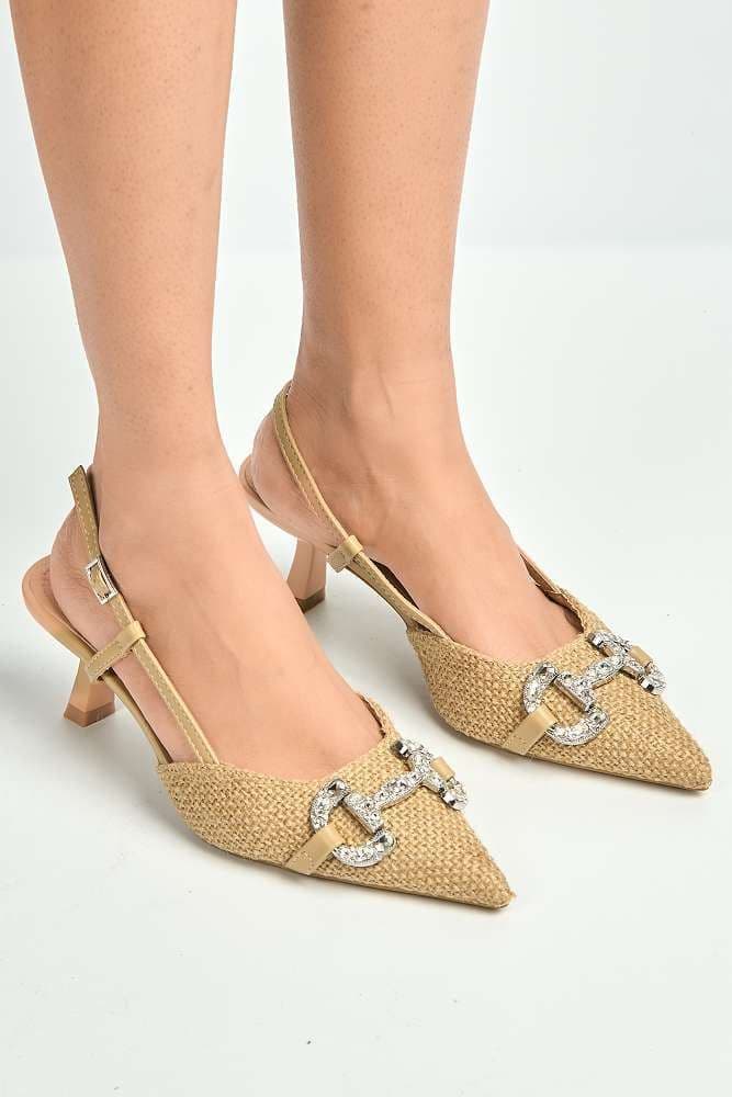 Miss Diva Women's Faye Diamante Broach Tweed Low Heel Court Shoes in Camel | Size: 5