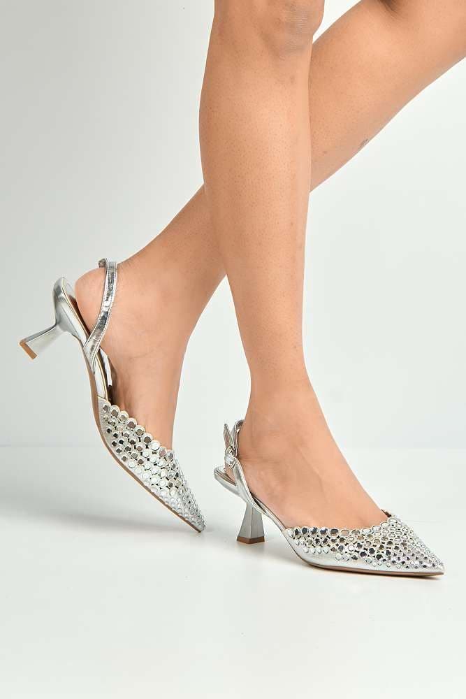 Miss Diva Women's Giovanna Mirror Encrusted Slingback Court Shoes in Silver | Size: 4