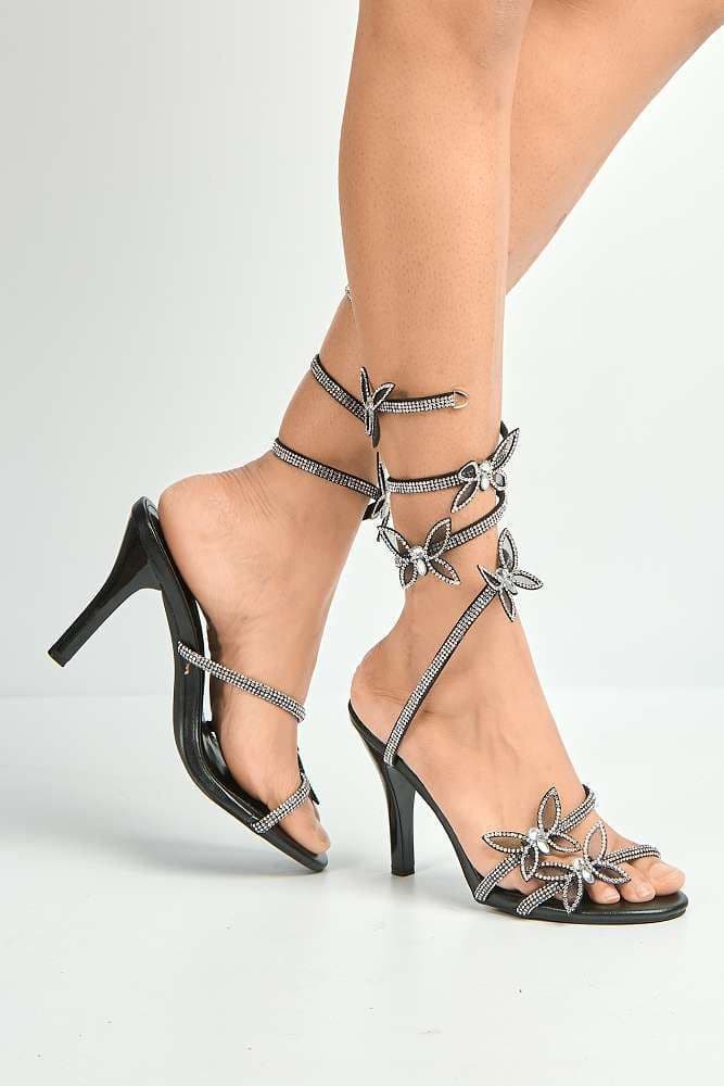Miss Diva Women's Tara Butterfly Detail Diamante Heeled Sandals in Black | Size: 7