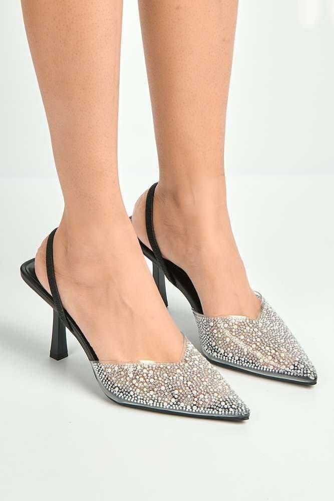 Miss Diva Women's Kiana Diamante Embellished Sling Back Pointed Toe Court Shoes in Black | Size: 5