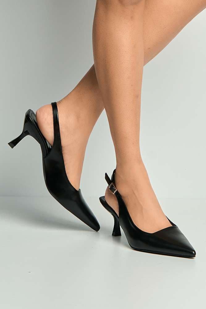 Miss Diva Women's Alleia Pointed Toe Low Heel Slingback Court Shoes in Black | Size: 6