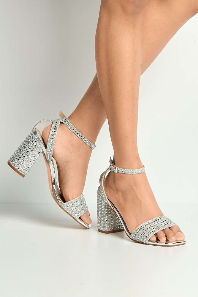 Miss Diva Women's Rinesa Gemstone Encrusted Block Heel Anklestrap Sandals in Silver | Size: 6