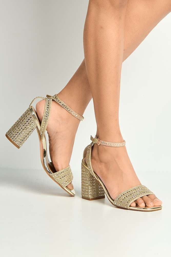 Miss Diva Women's Rinesa Gemstone Encrusted Block Heel Anklestrap Sandals in Gold | Size: 6