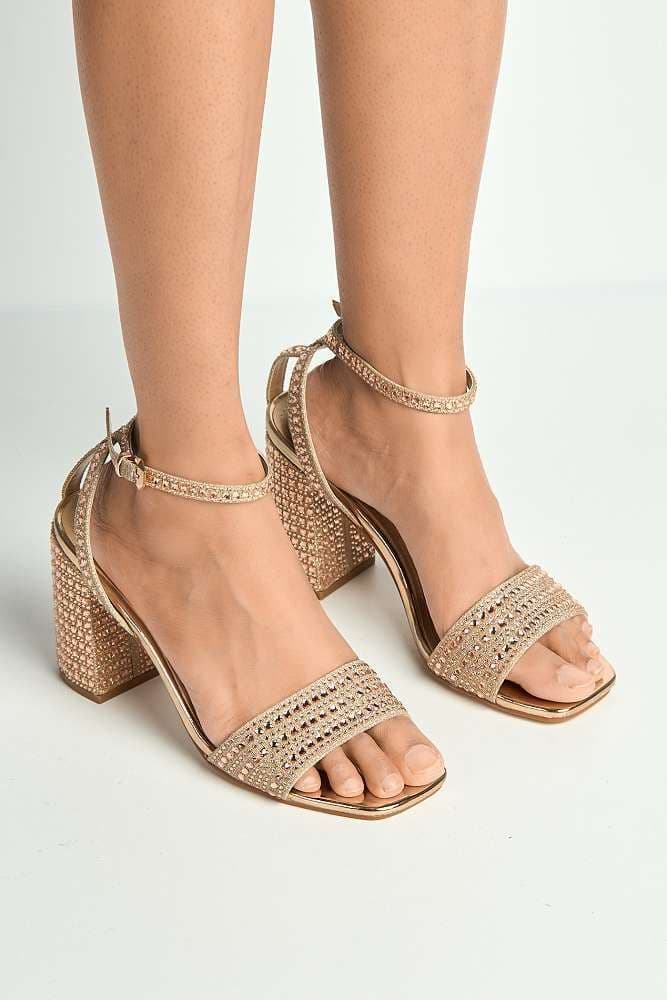 Miss Diva Women's Rinesa Gemstone Encrusted Block Heel Anklestrap Sandals in Rose Gold | Size: 5