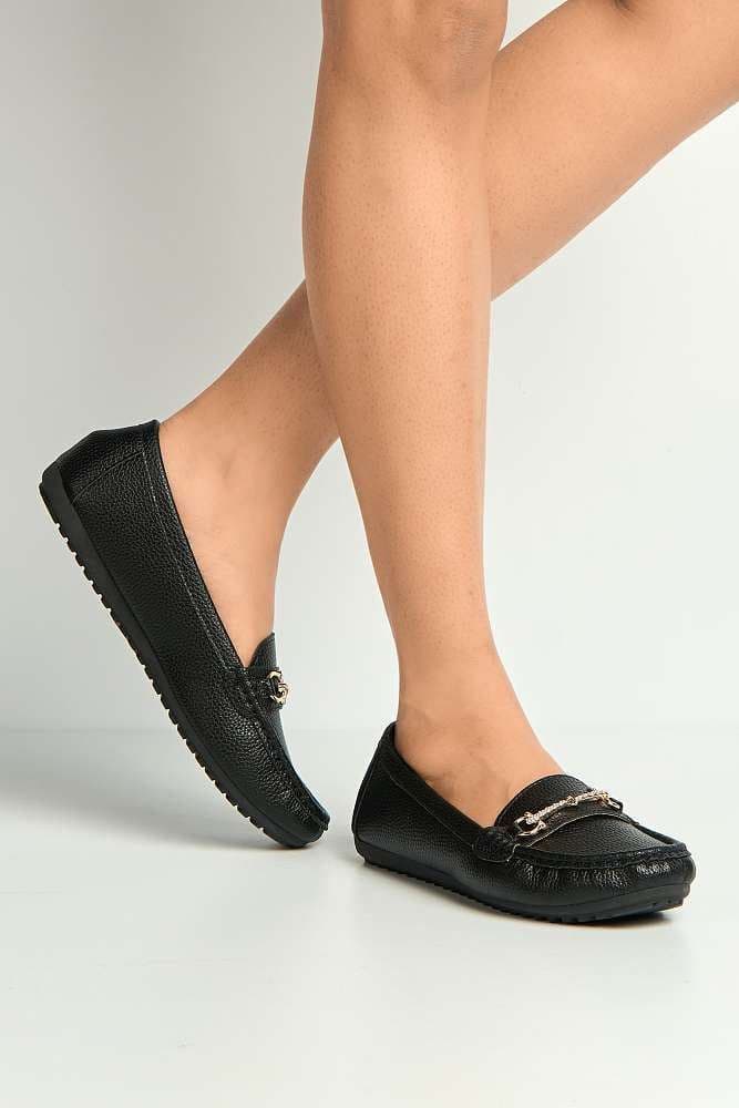 Miss Diva Women's Arietty Diamante Horsebit Detail Slip On Loafers in Black | Size: 4